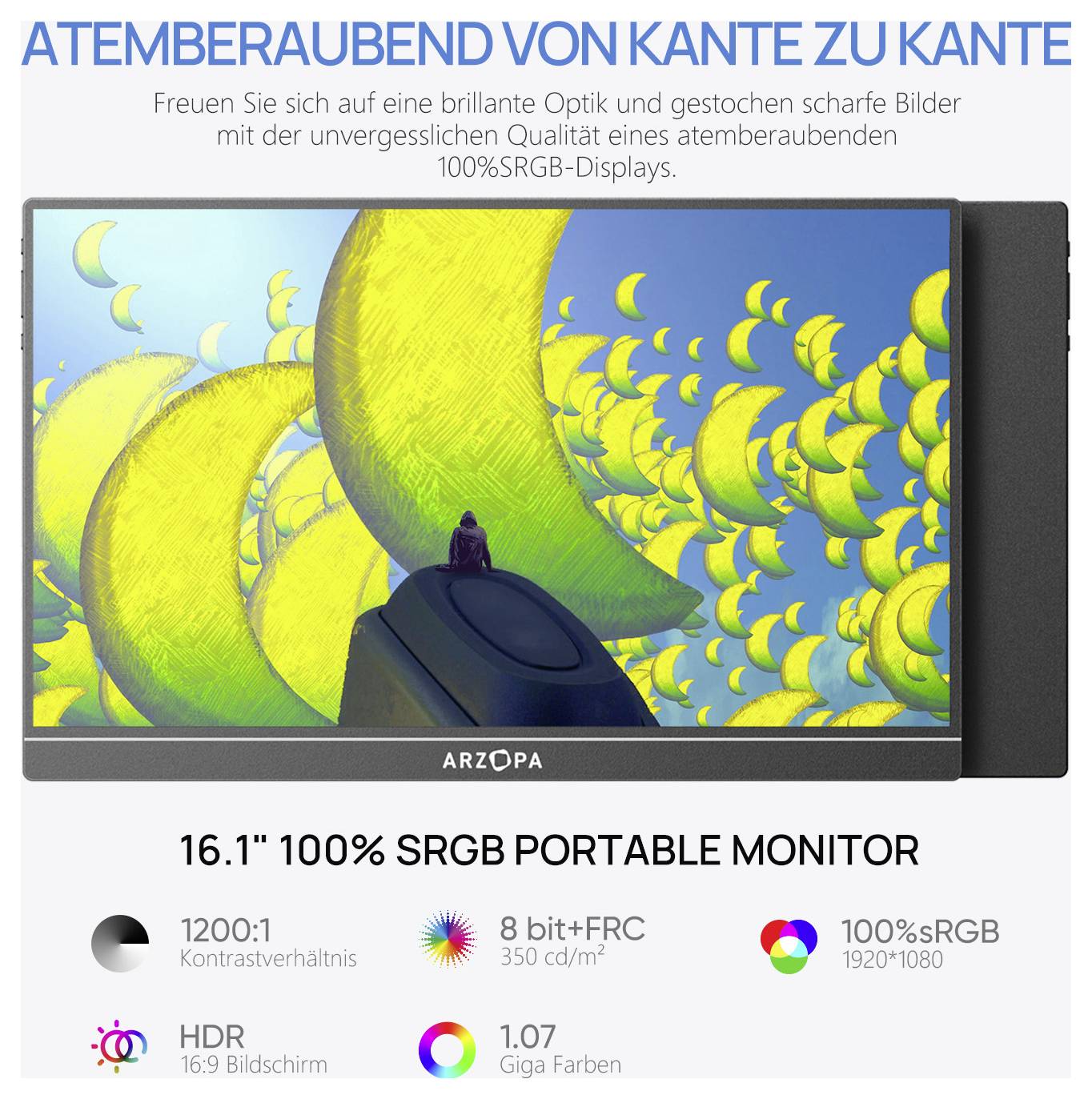 Tragbarer 16,1 Zoll Monitor mit 100% sRGB, 1200:1 Kontrast, HDR, 1,07 Milliarden Farben, mit lebendiger Grafik im Hintergrund.