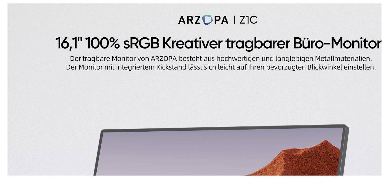 Ein tragbarer 16,1-Zoll sRGB Büromonitor von ARZOPA, hergestellt aus robusten Metallmaterialien, mit verstellbarem integrierten Ständer für den bevorzugten Sichtwinkel.