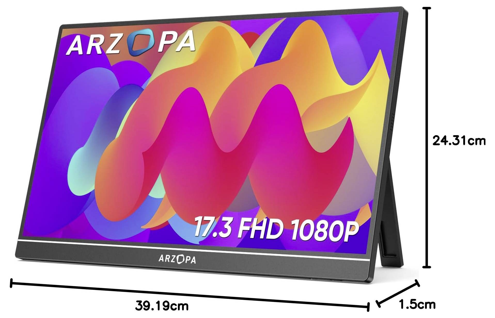 Tragbarer Monitor mit einem bunten Bildschirm, der abstrakte Formen zeigt, mit der Beschriftung 'ARZOPA' und '17.3 FHD 1080P', mit den Abmessungen 39,19 cm x 24,31 cm x 1,5 cm.