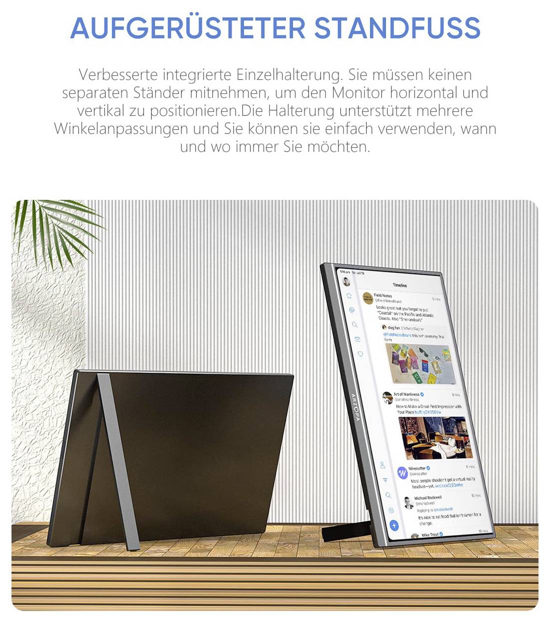 'AUFGERÜSTETER STANDFUSS': Zwei Monitore mit verbesserter Einzelhalterung, horizontal und vertikal positioniert, fertige Winkelanpassungen.<br><br>(Note: This text appears to already be in German, so no translation is necessary.)