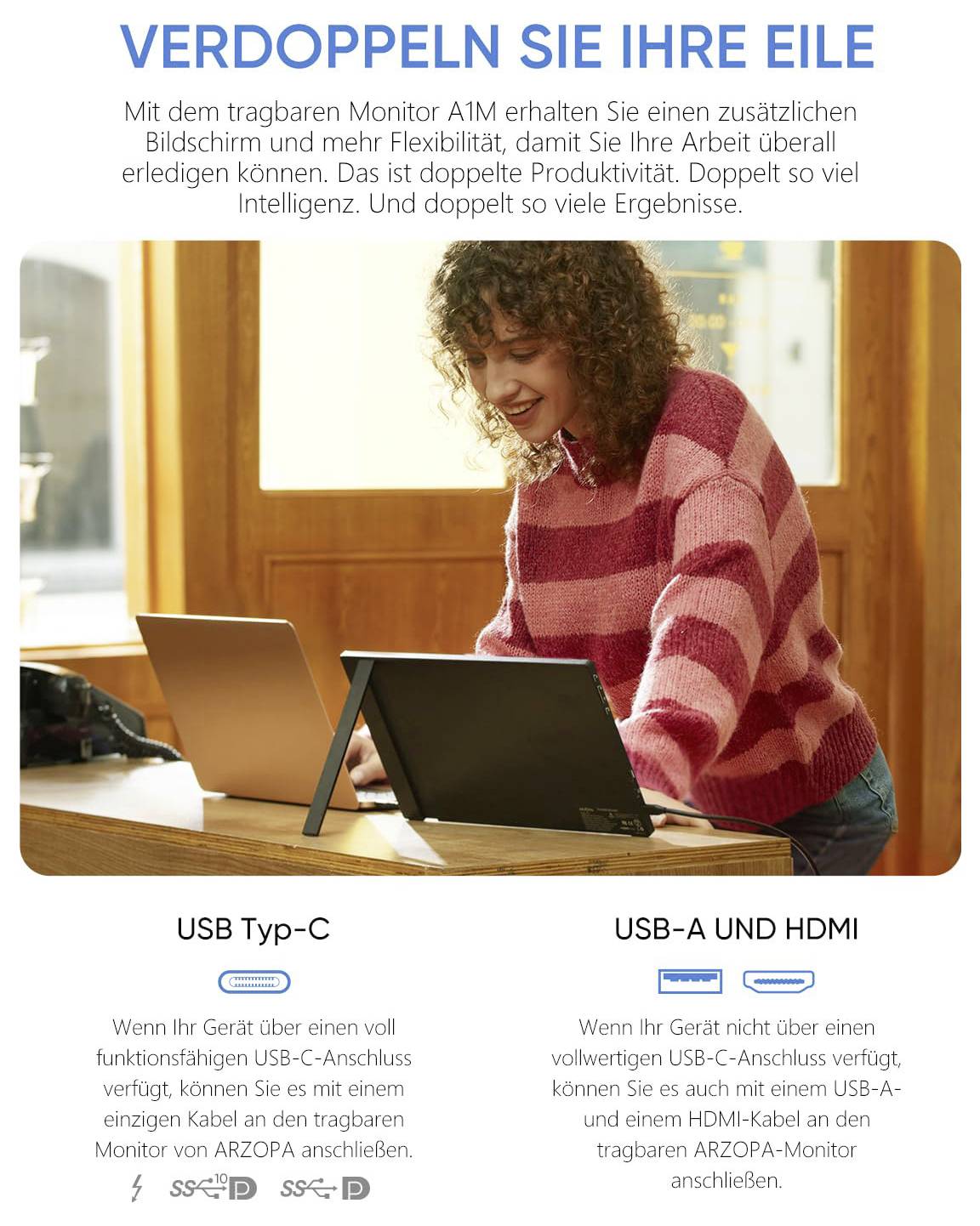 Eine Frau, die einen tragbaren Monitor mit einem Laptop verwendet. Der Text bewirbt die Steigerung der Produktivität durch USB-C-, USB-A- und HDMI-Anschlussmöglichkeiten.