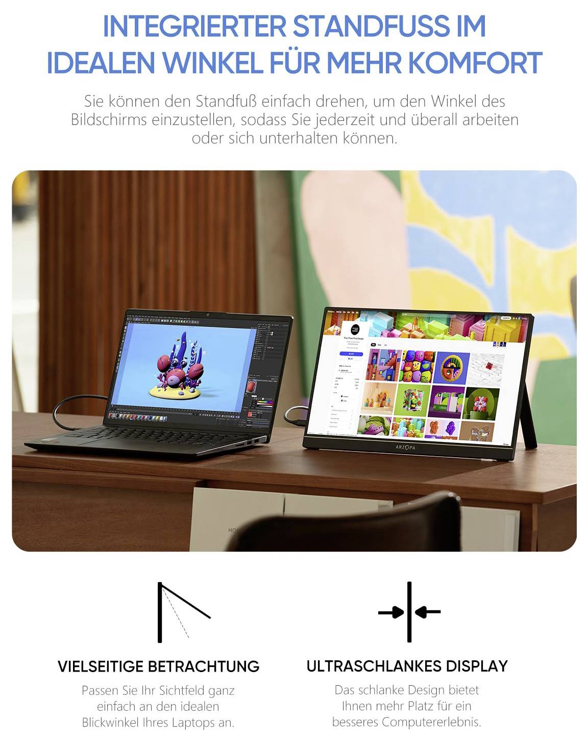 Zwei Laptops auf einem Holztisch, die Design-Software und eine bunte App anzeigen, mit Text über verstellbare Ständer und Blickwinkel.