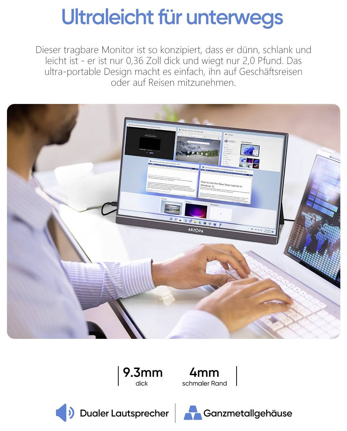 Eine Person verwendet einen schlanken, ultra-portablen Monitor, der seine 0,91 cm Dicke und 0,91 kg Gewicht hervorhebt. Ausgestattet mit Doppellautsprechern und Gehäuse aus Metall.