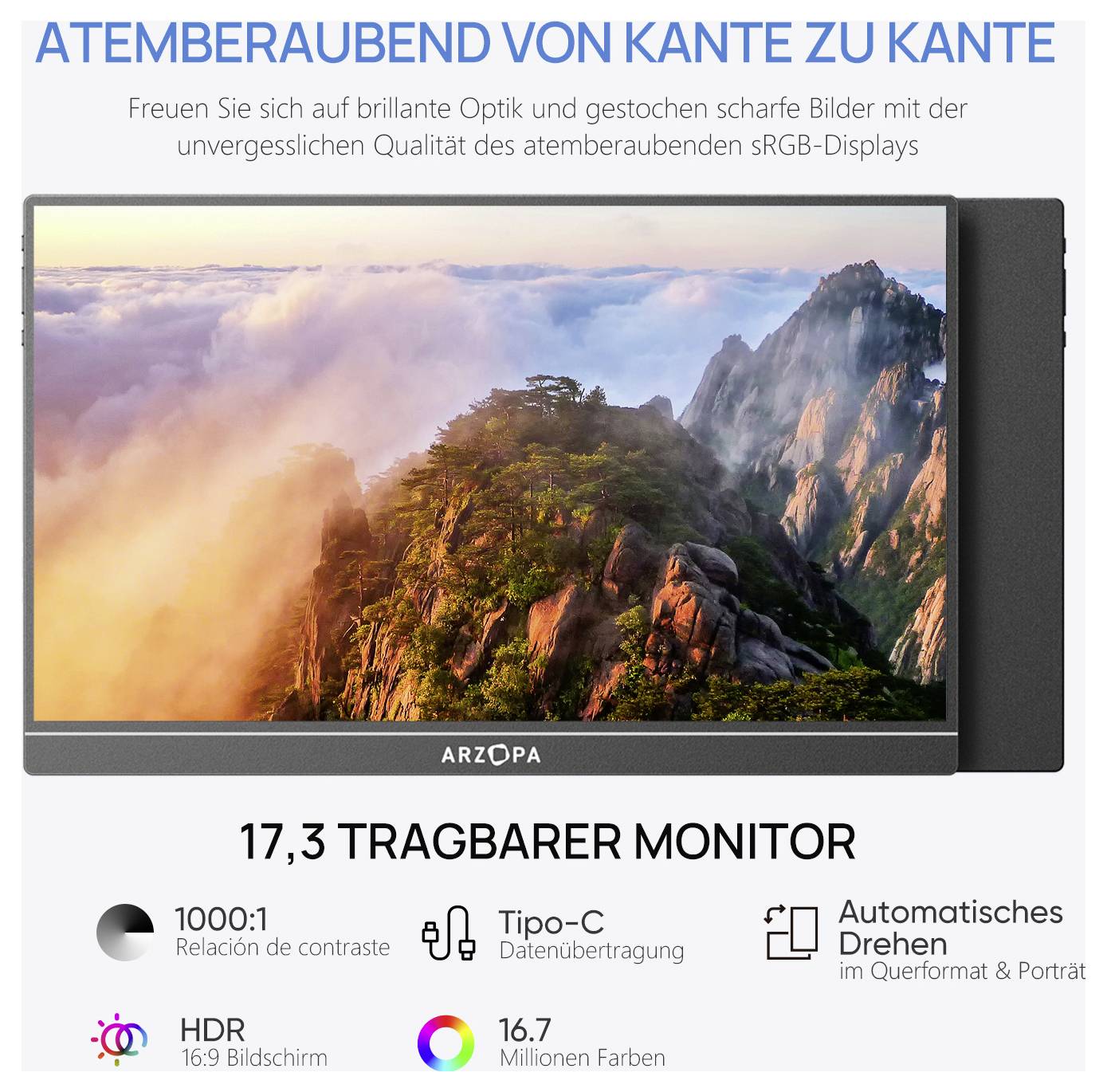 Tragbarer Monitor mit sRGB-Display, 17,3 Zoll, mit HDR, 1080p-Auflösung, lebendigen Farben, USB-C und automatischen Rotationsfunktionen.