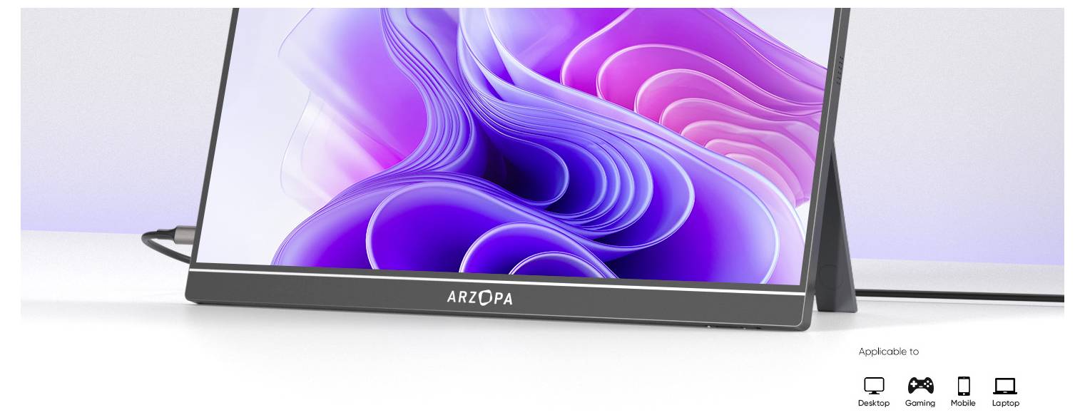 Ein schlanker, tragbarer Monitor mit einem lebendigen Lila- und Rosa-Wirbeldesign auf dem Bildschirm und dem Markennamen 'Arzopa', der vorne angebracht ist.