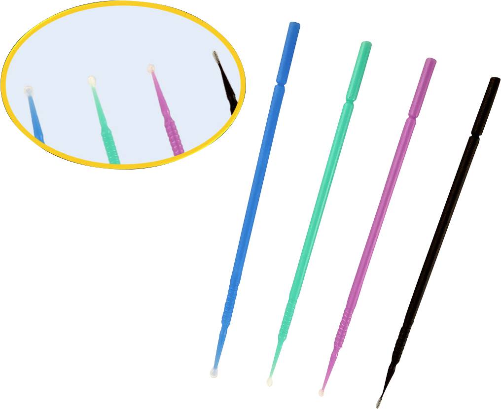 Vier Mikropinsel in Blau, Grün, Pink und Schwarz, mit einer vergrößerten Ansicht, die die feinen Spitzen zeigt.