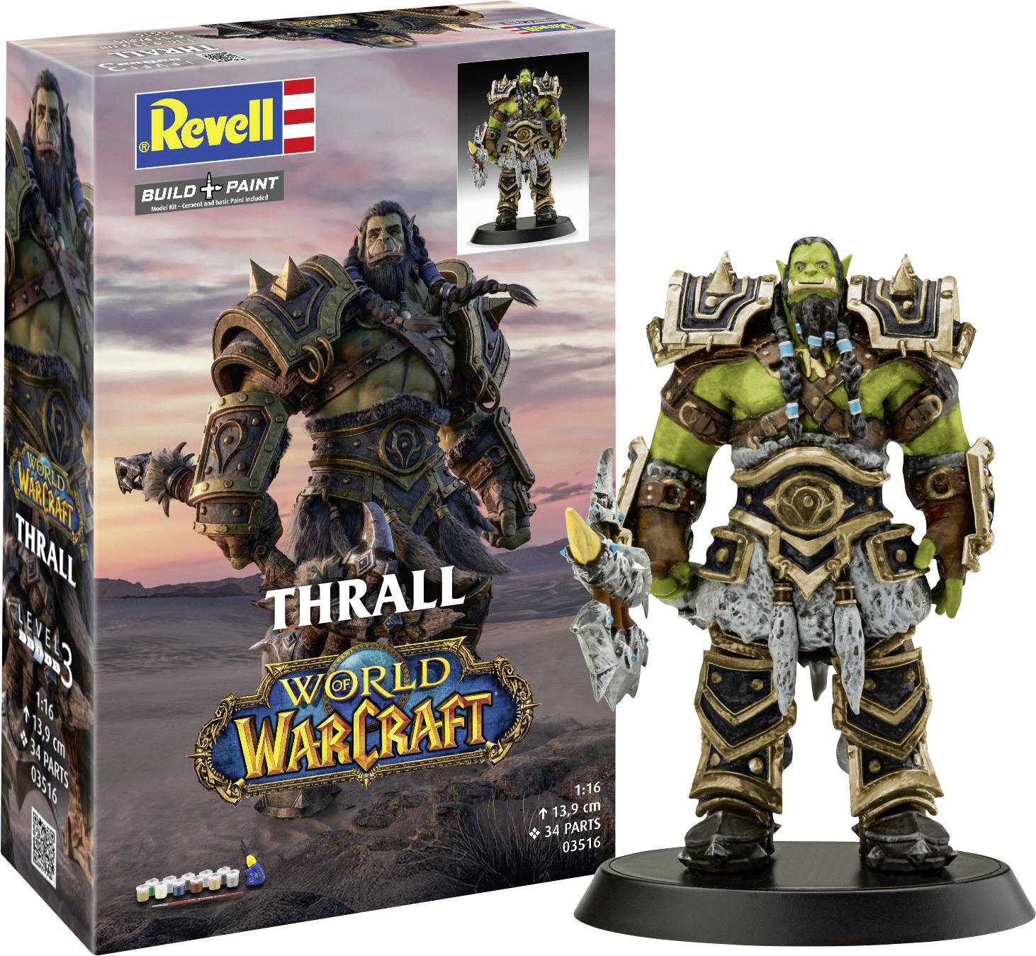 Schachtel und Figur eines 'World of Warcraft' Thrall Modellbausatzes von Revell, mit einem Ork-Krieger in detaillierter Rüstung, zum Zusammenbau und Bemalen bereit.