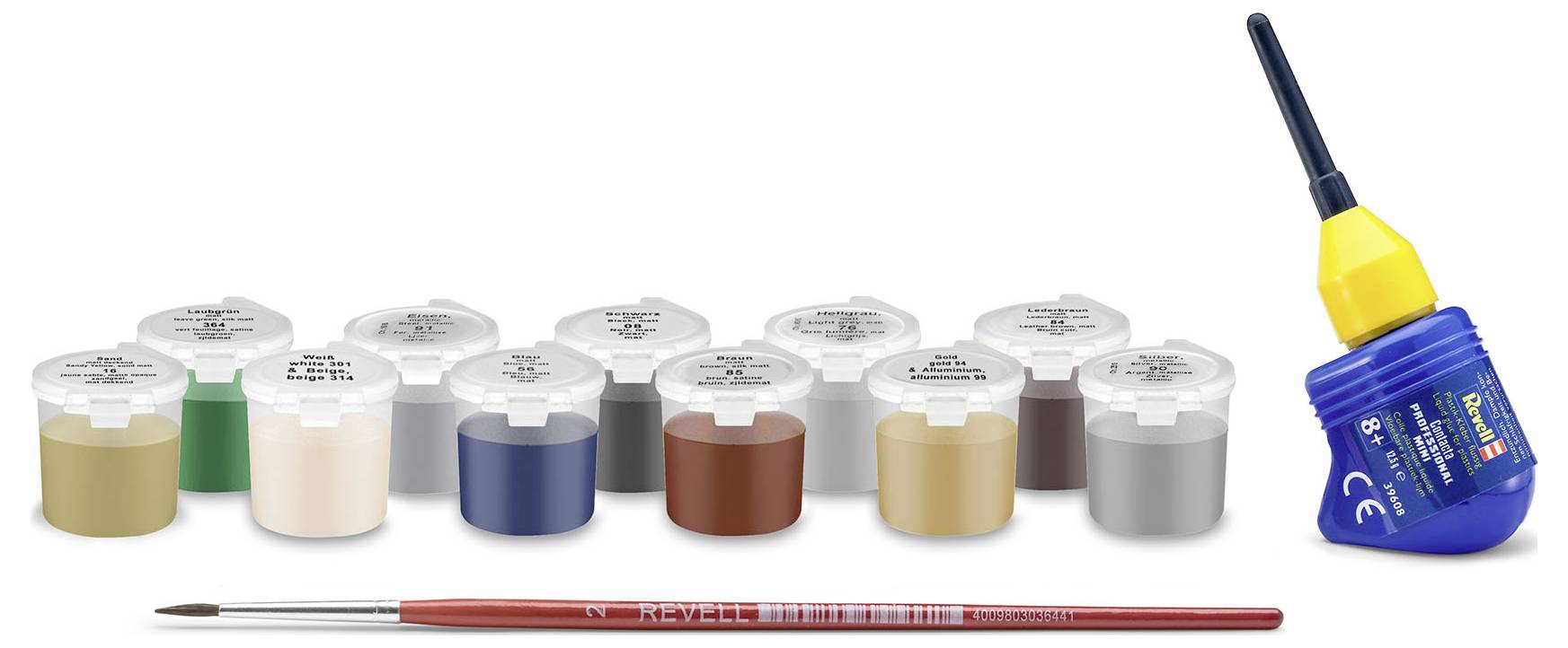 Revell-Modellfarben-Set mit 12 Farben in kleinen Dosen, einem dünnen Pinsel und einer Tube Klebstoff, verwendet für Hobbymalaufgaben.