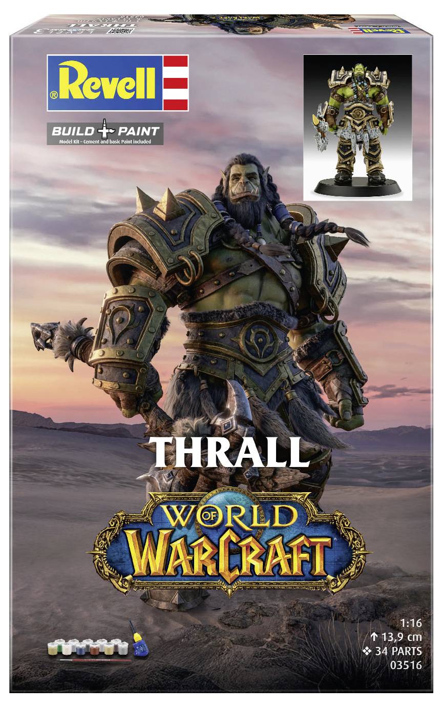 Revell Bausatz zum Bemalen der Figur von Thrall aus World of Warcraft. Enthält 34 Teile, 13,9 cm hoch nach Montage. Schachtel zeigt Bild von Thrall.