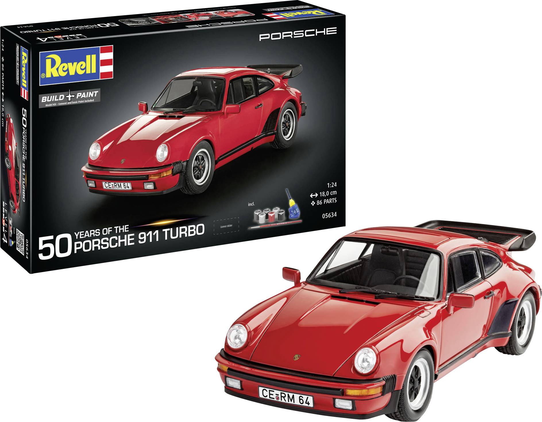 Revell-Bausatz eines roten Porsche 911 Turbo zum 50-jährigen Jubiläum. Enthält Montageanweisungen und Farboptionen auf der Verpackung.