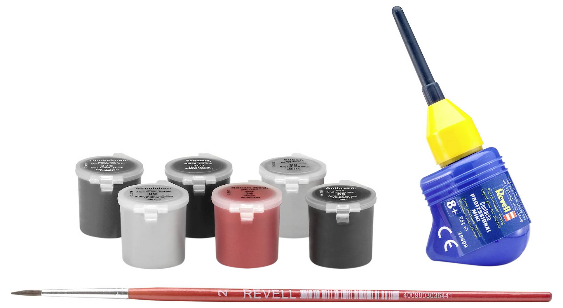 Modellfarben-Set mit sechs Behältern in verschiedenen Farben, einem feinen Pinsel und einer Flasche blauen Klebstoffs mit gelbem Deckel.