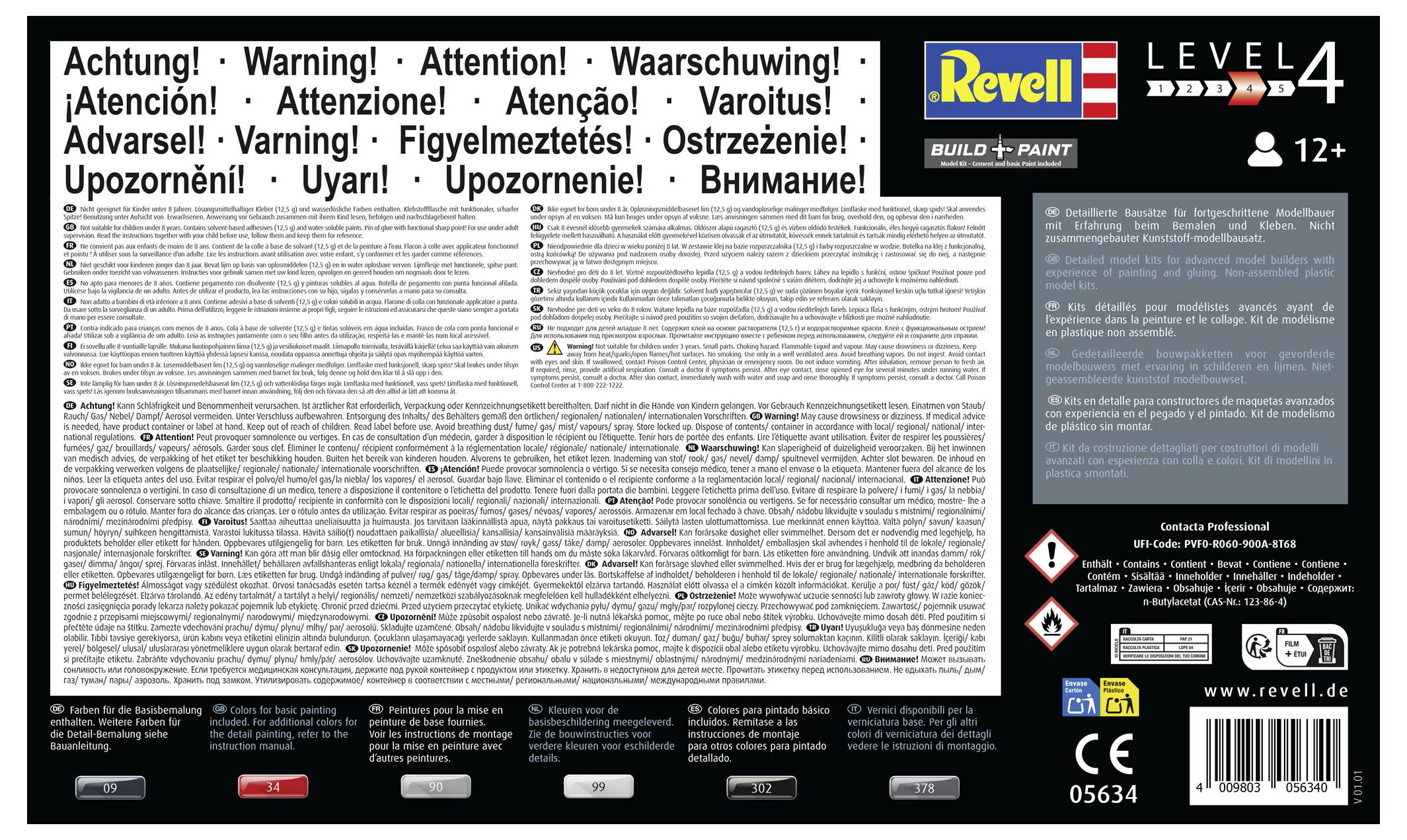 'Revell Level 4' Bausatz mit mehrsprachigen Warnhinweisen und Anleitungen. Geeignet für Personen ab 12 Jahren. Enthält Anweisungen zum Zusammenbau und Bemalen.