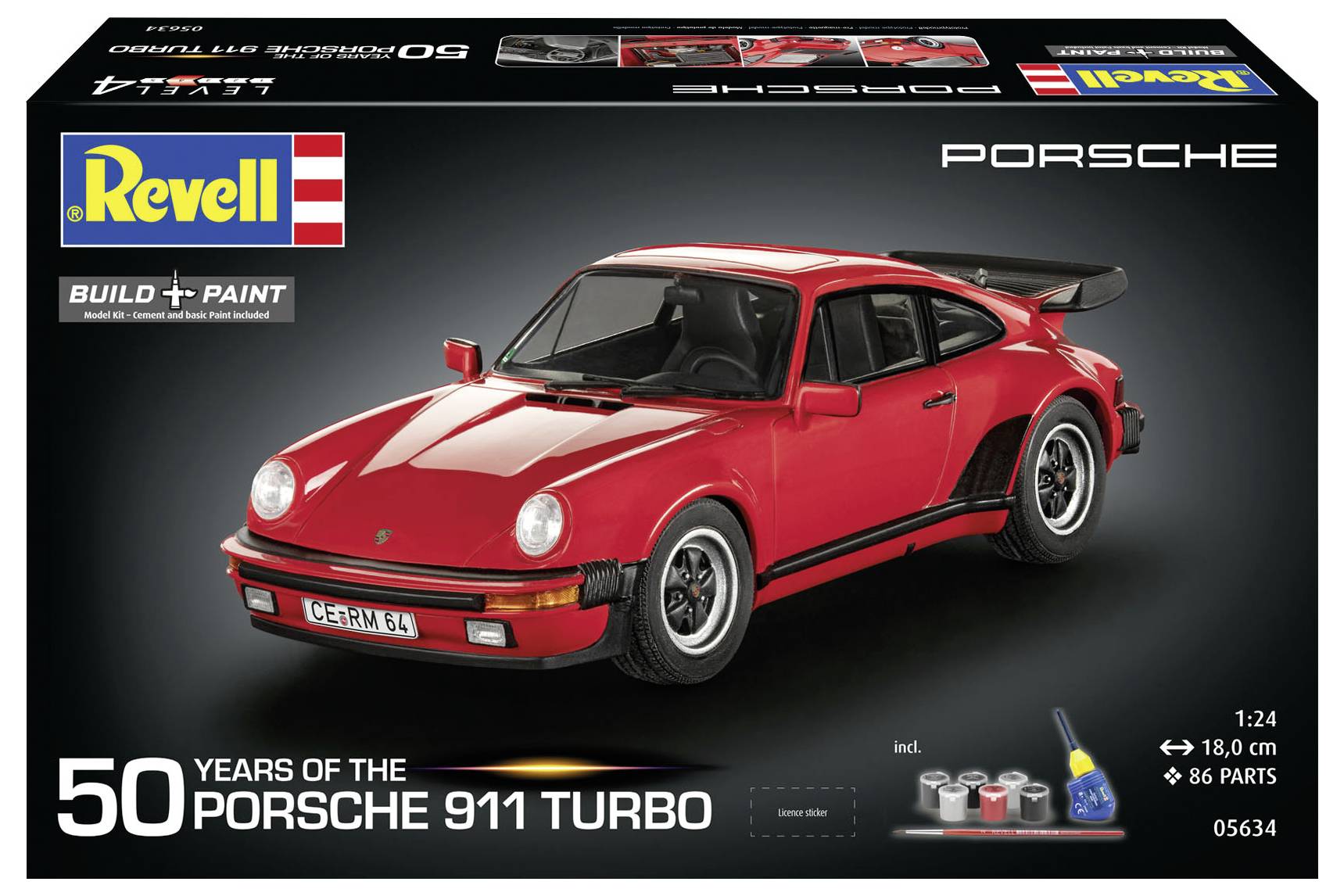 'Revell Porsche 911 Turbo' Bausatz-Box mit einer roten Sportwagen-Darstellung und Malmaterialien. Text: '50 Jahre Porsche 911 Turbo', '1:24 Maßstab'.