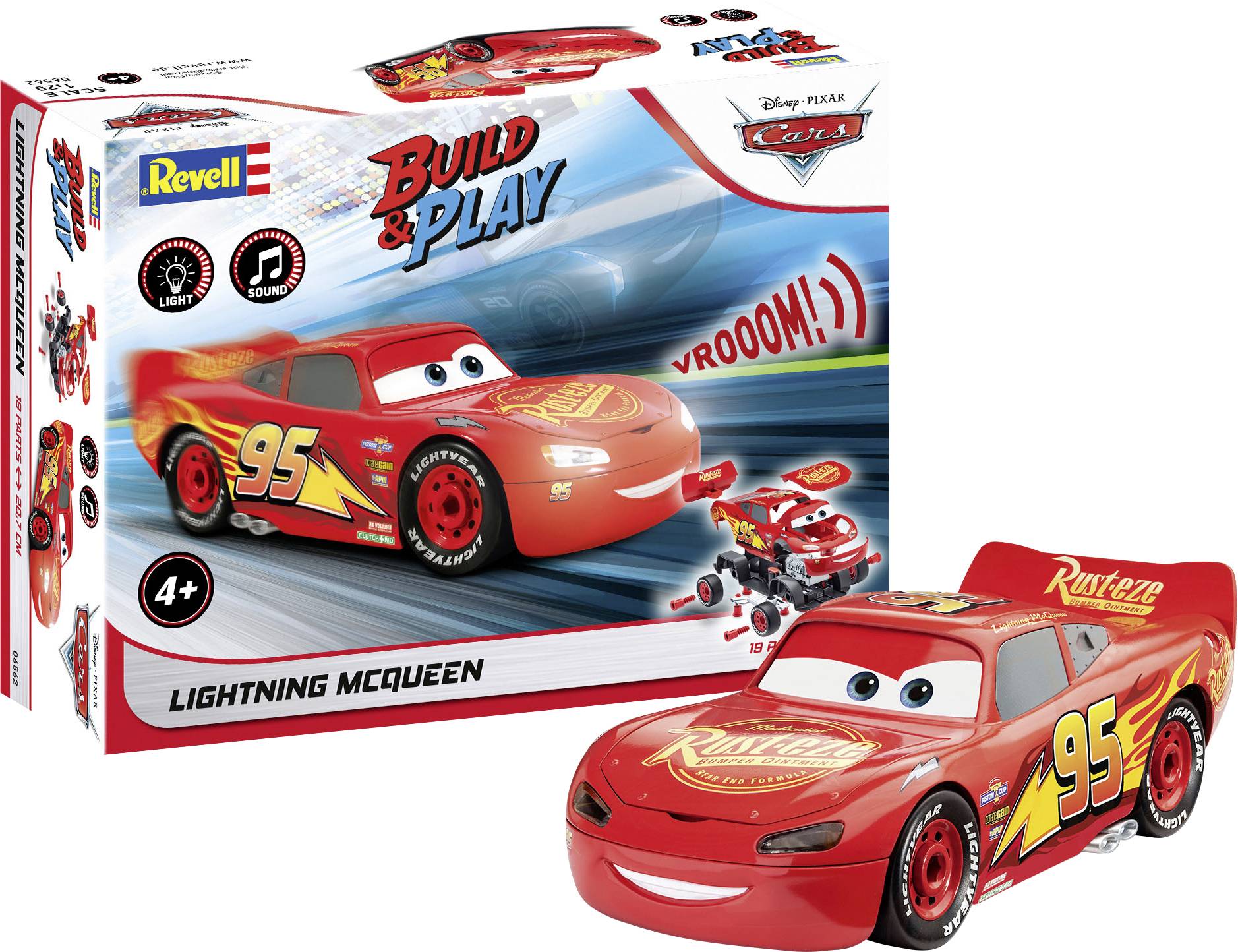 Spielzeugmodell eines roten Rennwagens mit der Nummer '95' und dem Namen 'Lightning McQueen', das in der Schachtel mit Montageanleitung ausgestellt wird.