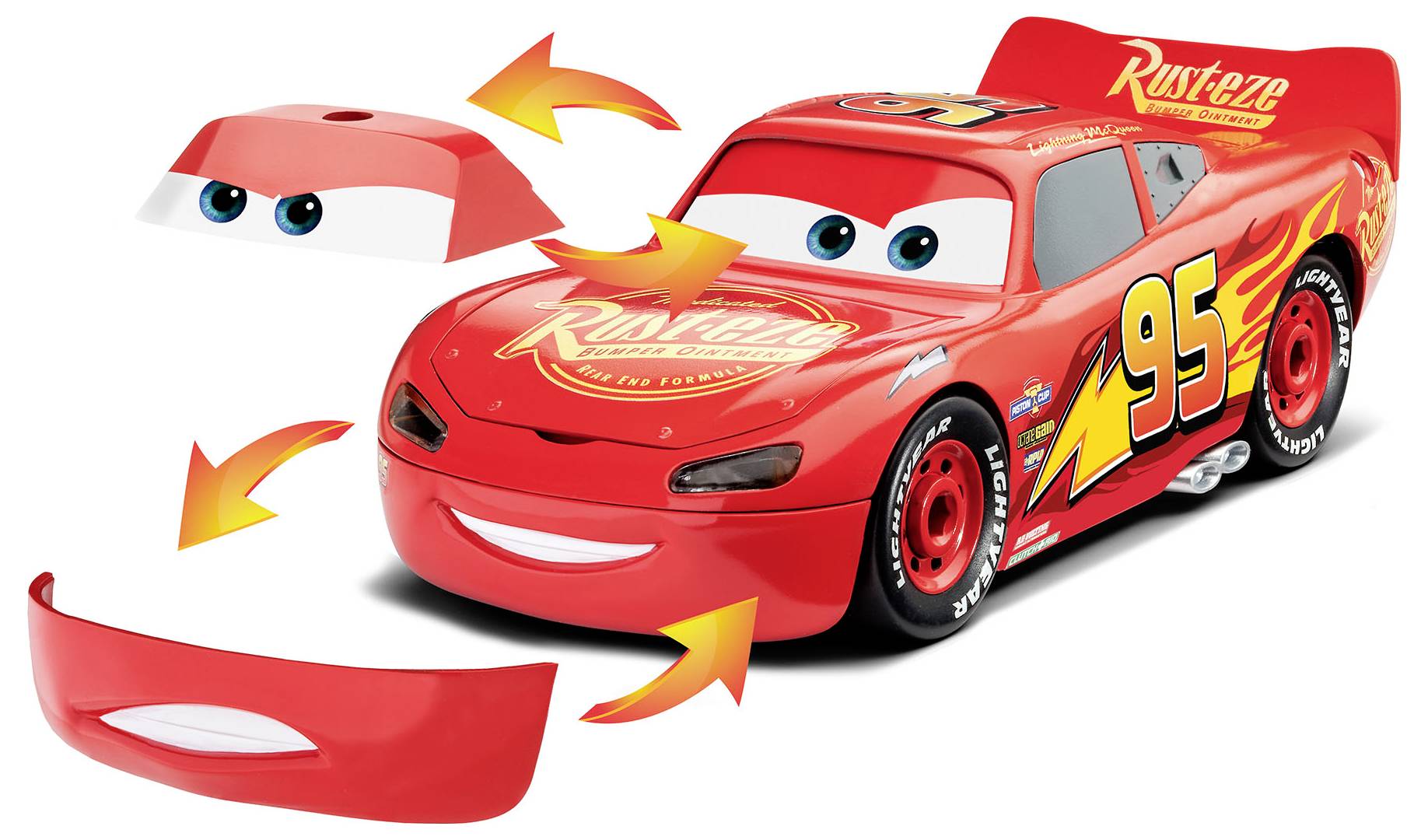 Ein rotes Spielzeug-Rennwagen mit Aufklebern, ausgestattet mit einer abnehmbaren Motorhaube und Stoßstange, der einem Charakter mit ausdrucksstarken Augen und einer lächelnden Frontseite ähnelt.