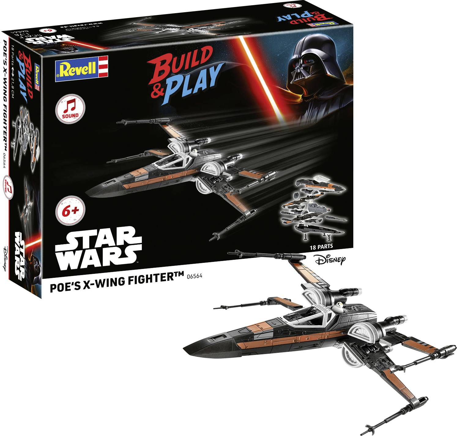 'Revell Build & Play X-Wing Fighter von Poe' Modellbausatz-Box, die das Spielzeugmodell zeigt, mit Star Wars-Branding und geeignet für Kinder ab 6 Jahren.
