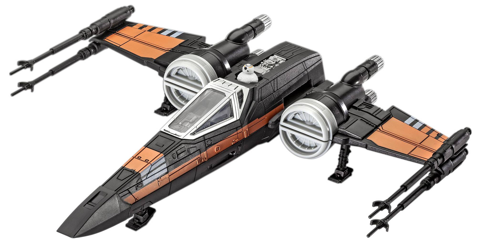 Ein Spielzeugmodell eines schwarz-orangen Raumschiffs, das einem X-Wing-Jäger ähnelt, mit beweglichen Flügeln und einer kleinen Figur im Cockpit.