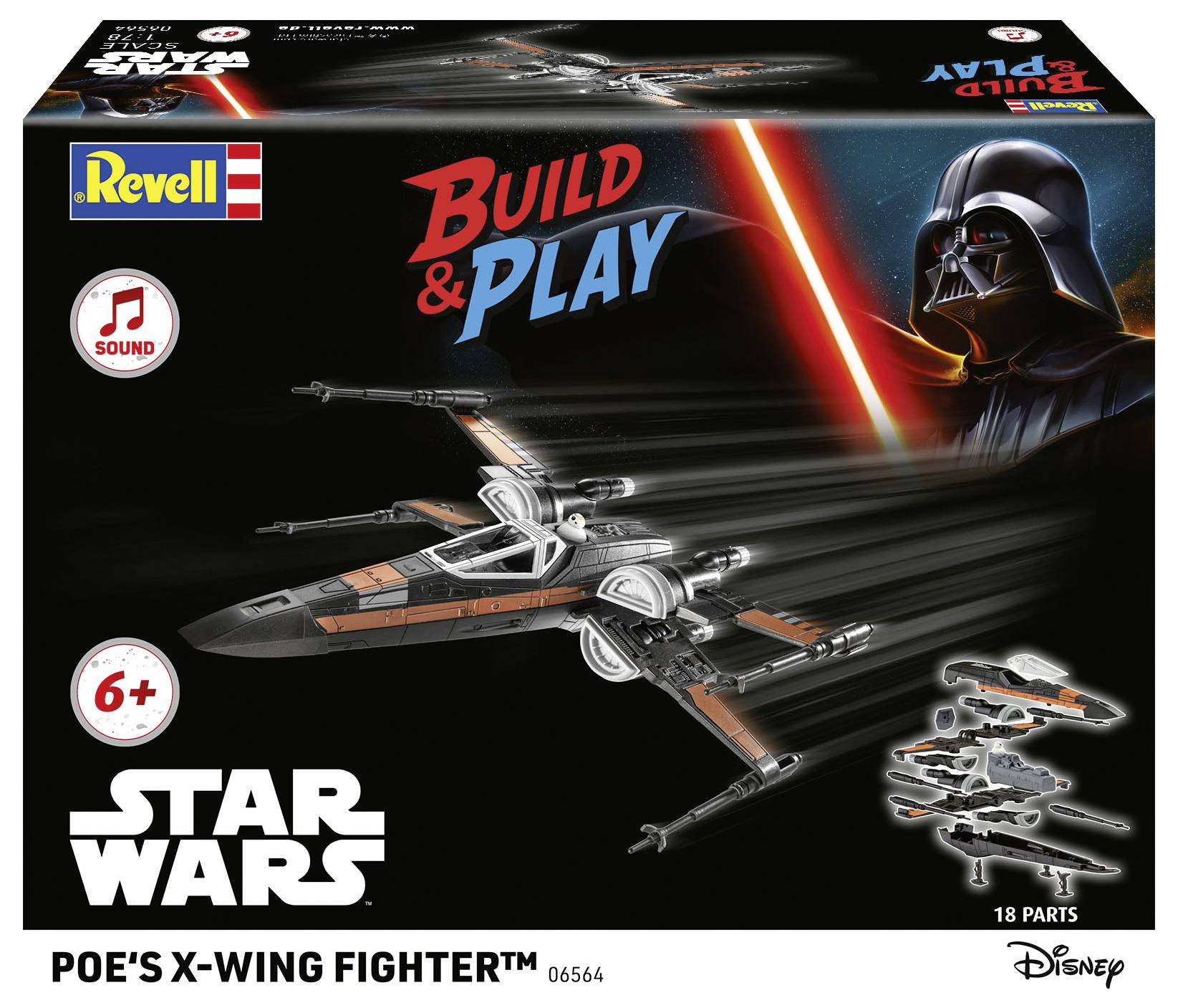 Revell Star Wars 'Bauen & Spielen' Poe's X-Flügler Spielzeug-Set Schachtel mit einem Bild des Modells, geeignet für Kinder ab 6 Jahren.