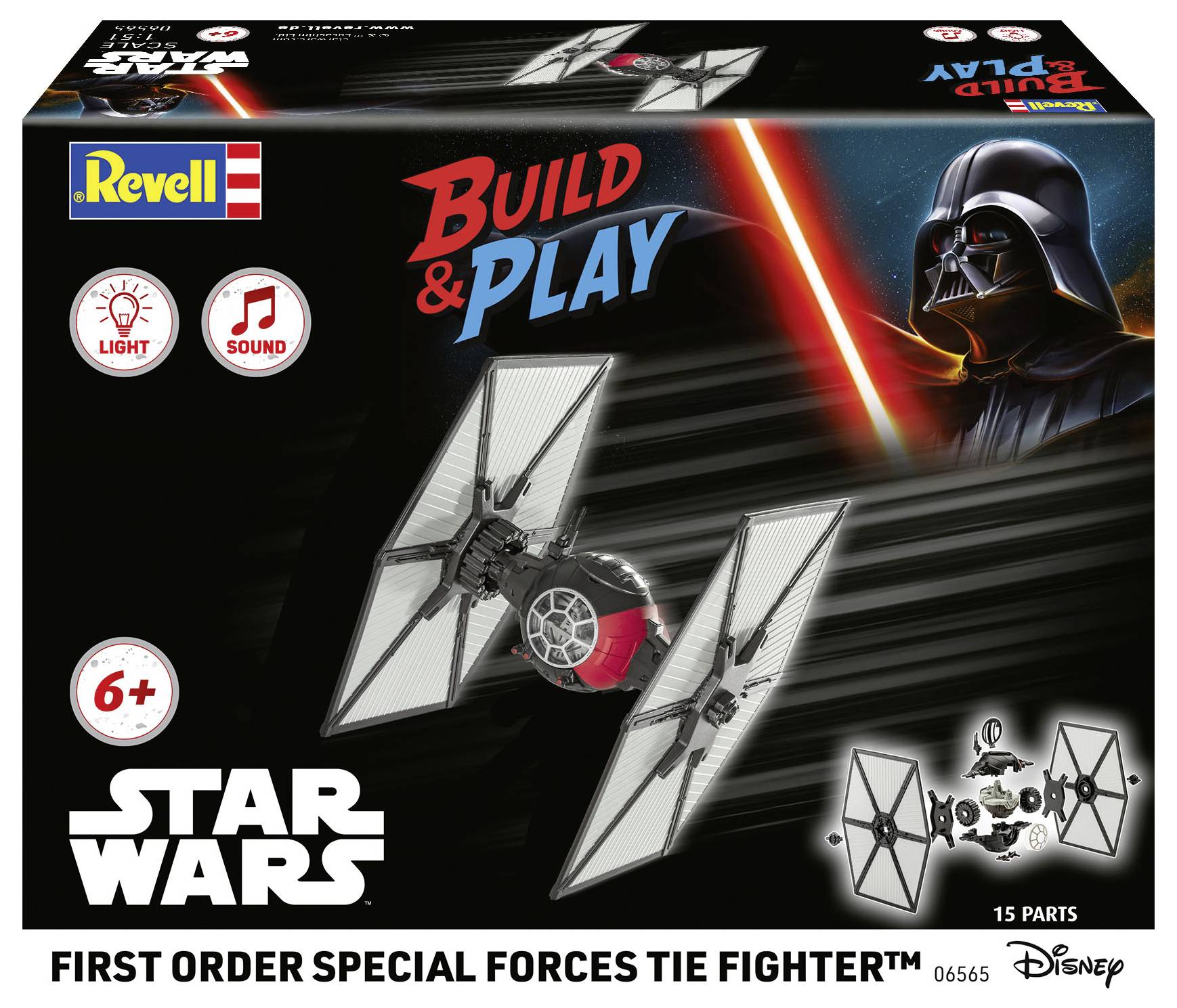 'Revell Build & Play' Star Wars Tie Jäger Bausatz, mit Tie-Jäger Bild, Darth Vader, für Kinder ab 6 Jahren, mit Licht- und Soundeffekten.