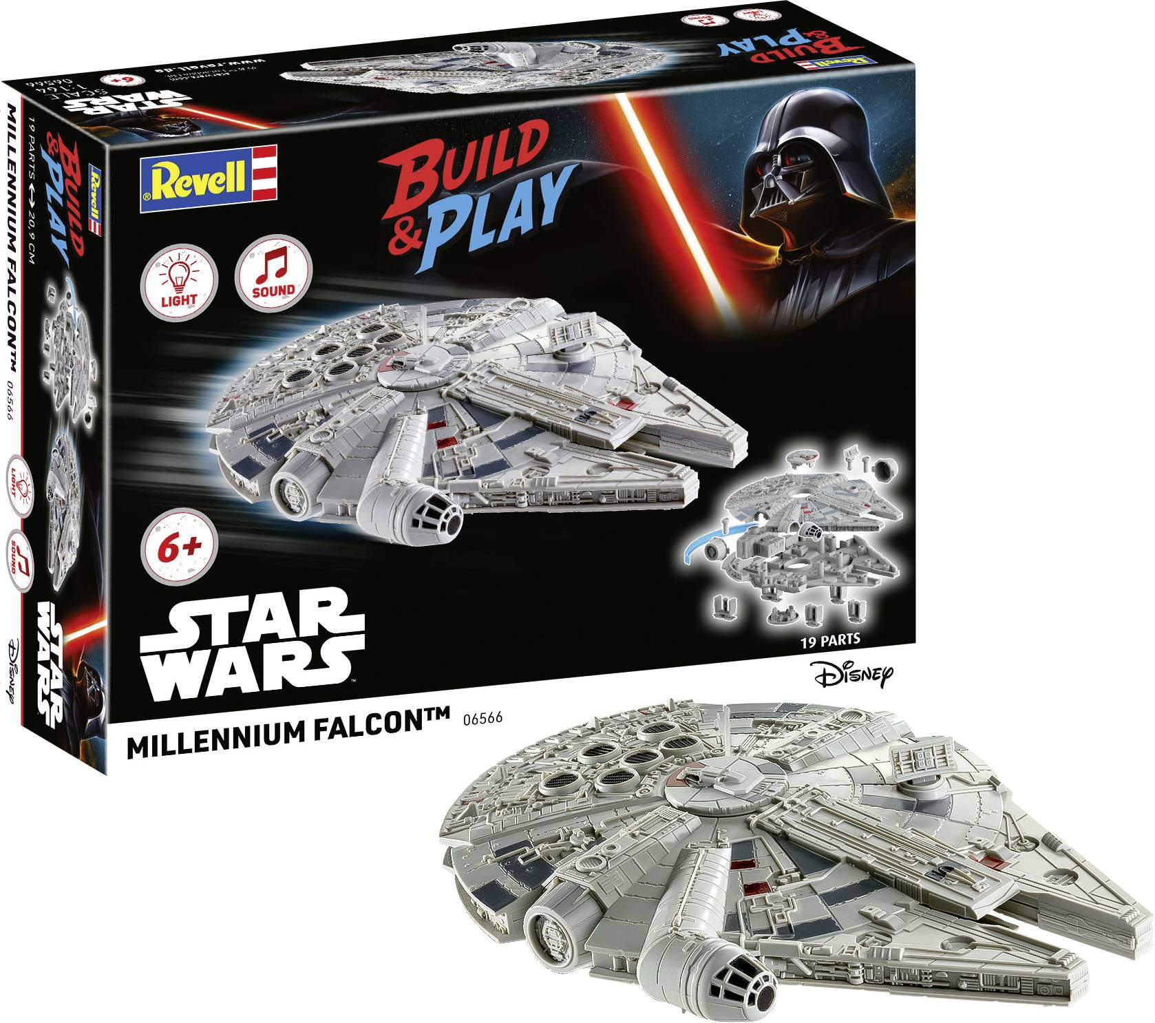 Millennium Falcon Modellbausatz-Schachtel mit zusammengebautem Raumschiff und Licht- und Soundfunktionen, gekennzeichnet für Alter 6+, Teil der 'Bauen & Spielen'-Serie.