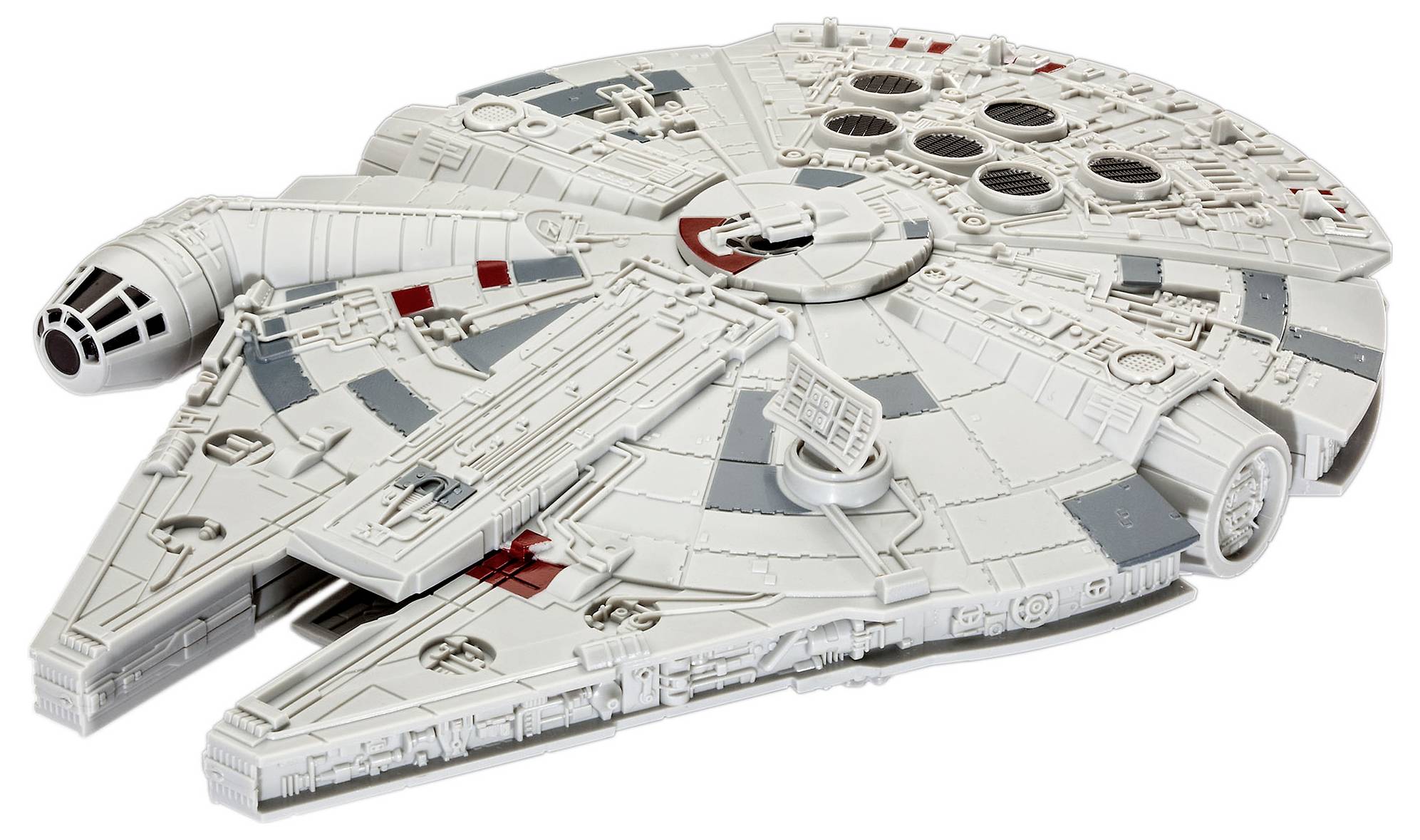 Ein detailliertes Modell eines Raumschiffs, das einem beliebten Science-Fiction-Raumschiff ähnelt, mit einer charakteristischen Scheibenform und Details wie Cockpit und Geschützturm.