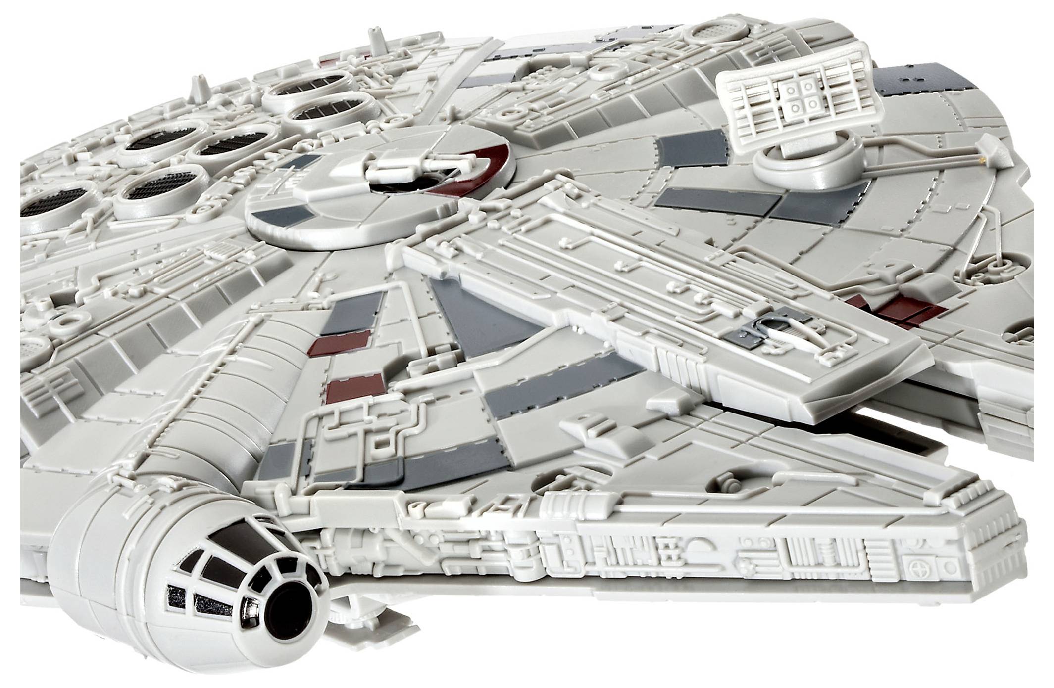 Ein detailliertes Skalenmodell eines Science-Fiction-Raumschiffs mit rundem Rumpf, Cockpit im vorderen Bereich und charakteristischer Verkleidung in Grau- und Rottönen.