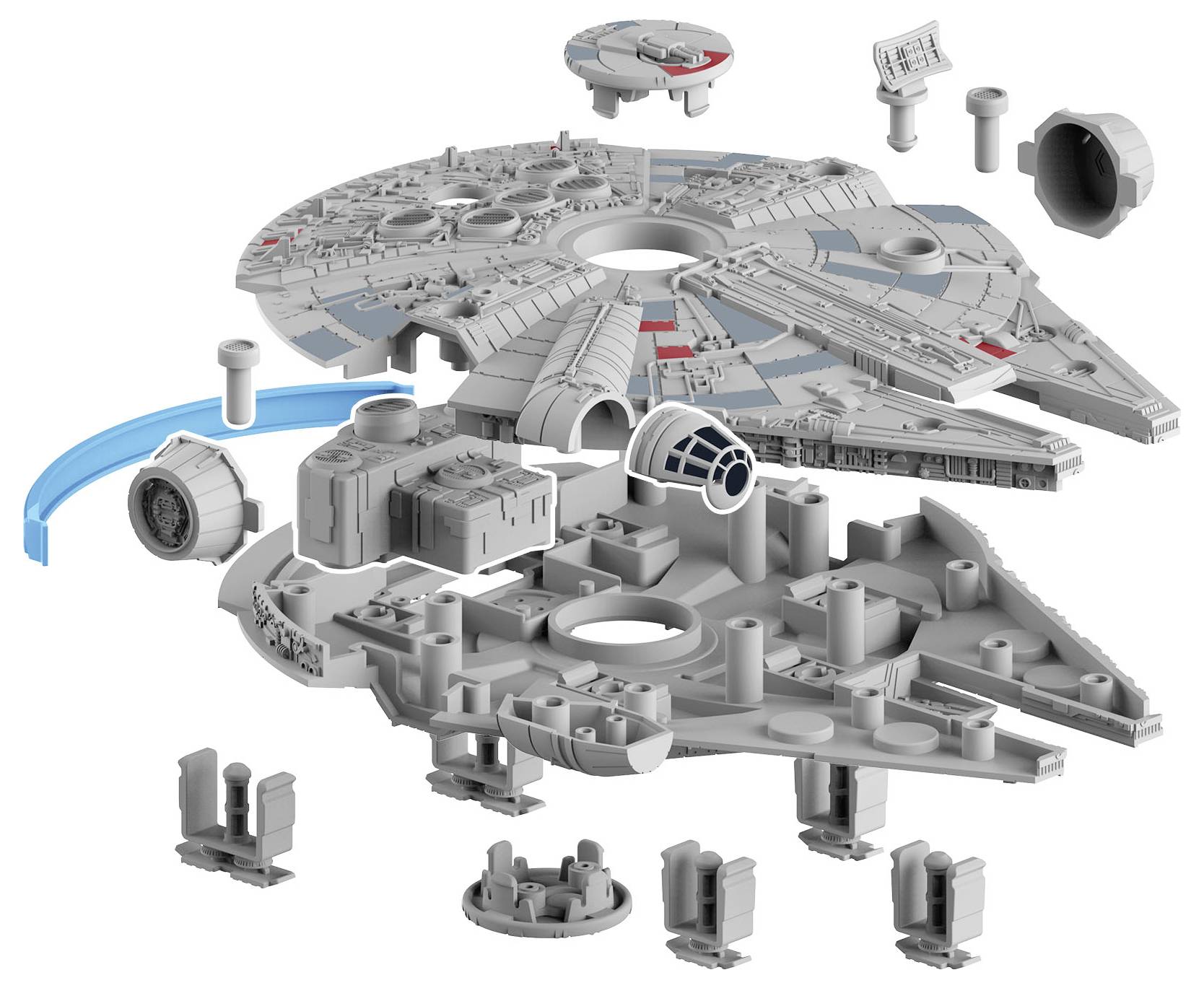 Explosionszeichnung eines Plastikmodellbausatzes, der einem Raumschiff ähnelt. Enthält obere und untere Hälften mit sichtbaren Innendetails und verschiedenen Bauteilen.