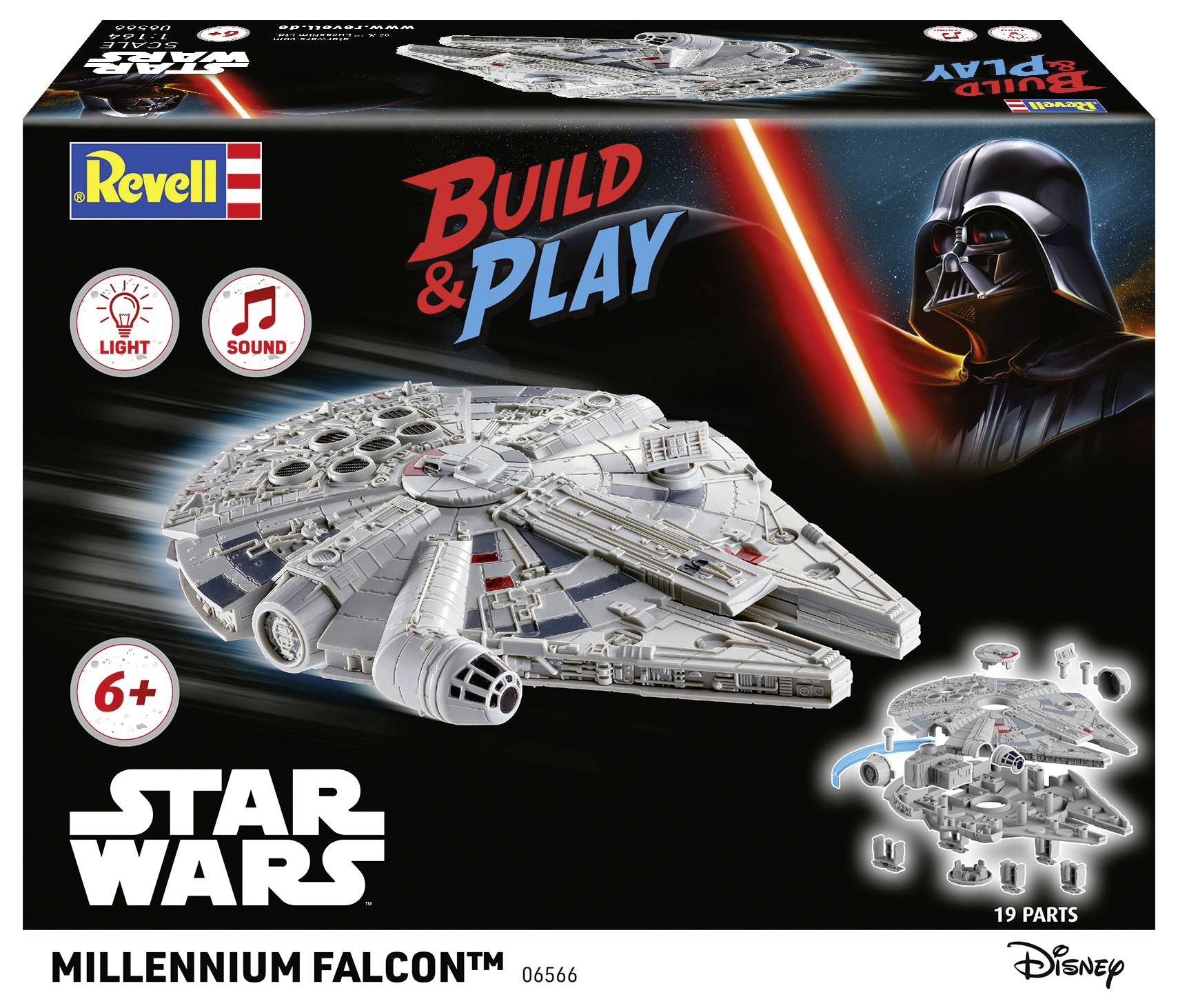 Star Wars Millennium Falcon Modellbausatz-Schachtel mit Darth Vader, Licht- und Soundsymbolen und Altersempfehlung ab 6 Jahren. Enthält 19 Teile.