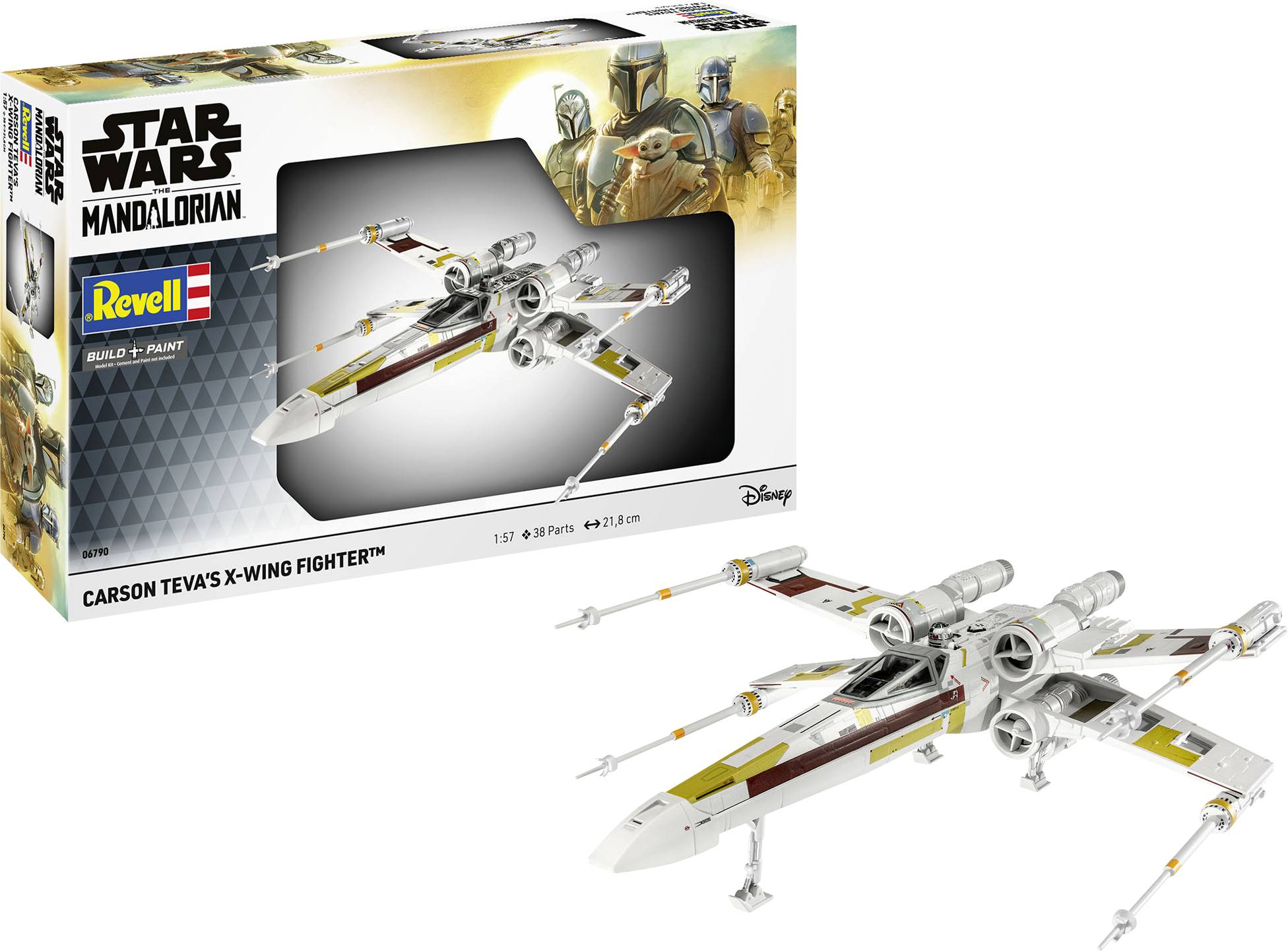 Bausatz und Modellset des 'Carson Teva X-Wing Fighters' aus Star Wars: The Mandalorian. Enthält Teile zum Aufbau und Bemalen des Raumschiffs.