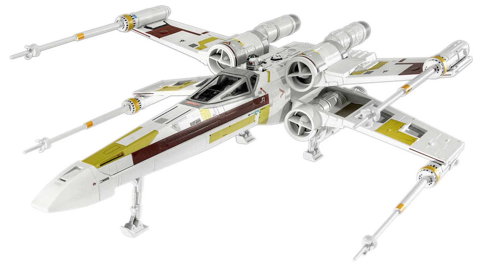 Ein detailliertes Modell eines fiktiven Sternenjägers mit vier Flügeln und Triebwerken, versehen mit roten und gelben Markierungen, ähnlich einem Science-Fiction-Raumschiff.