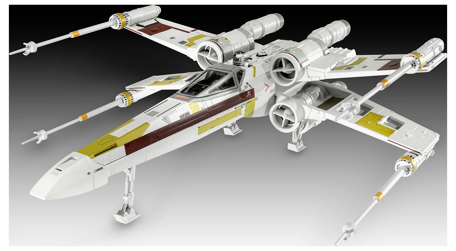 Ein Modell eines Raumjägers mit charakteristischen X-förmigen Flügeln und detaillierten Triebwerken ist vor einem Verlaufshintergrund abgebildet.