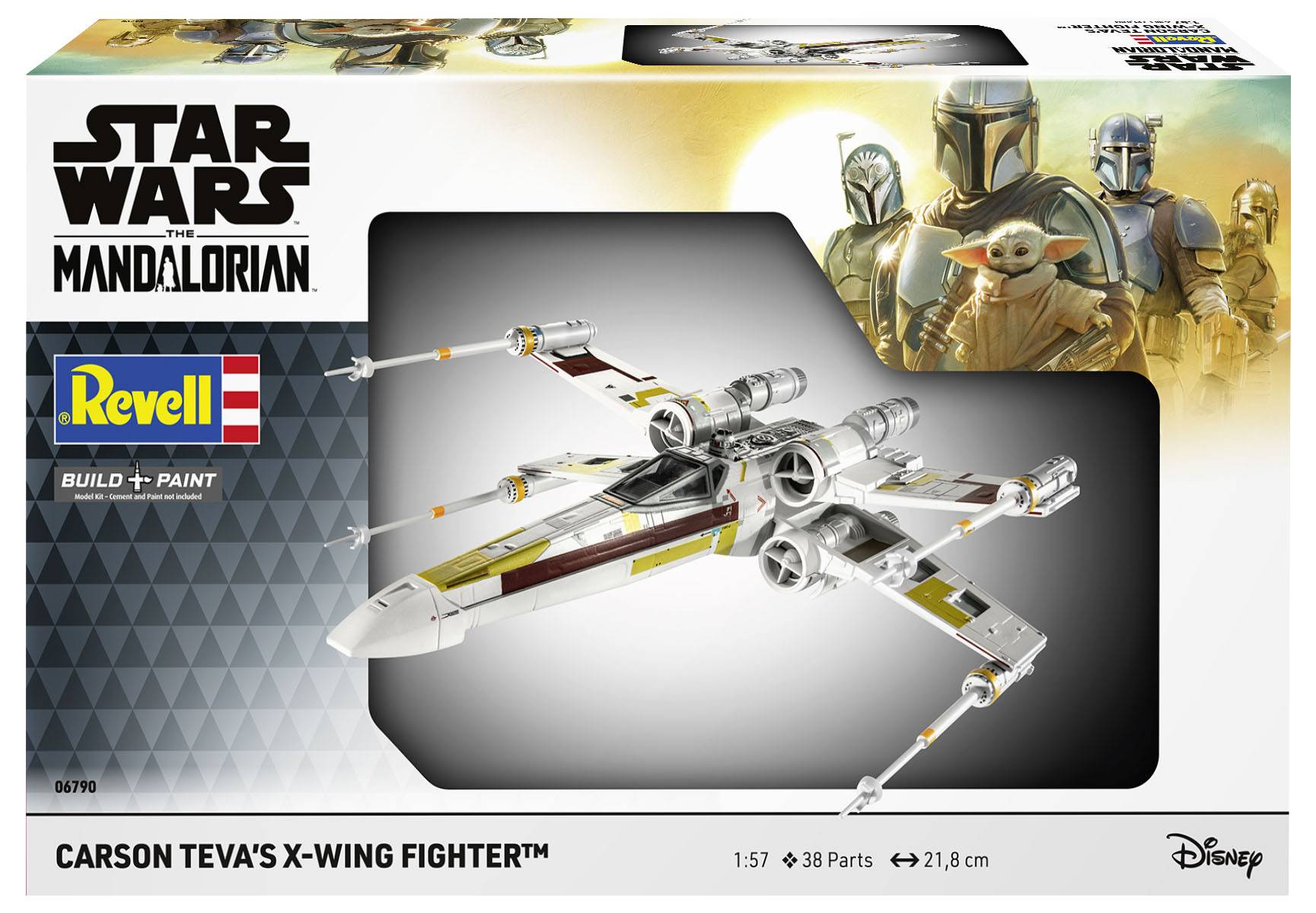 Revell Star Wars Mandalorian Modellbausatz-Box mit Carson Tevas X-Wing-Sternenjäger, mit einer detaillierten Abbildung des Jägers und Cover-Artwork verschiedener Charaktere.