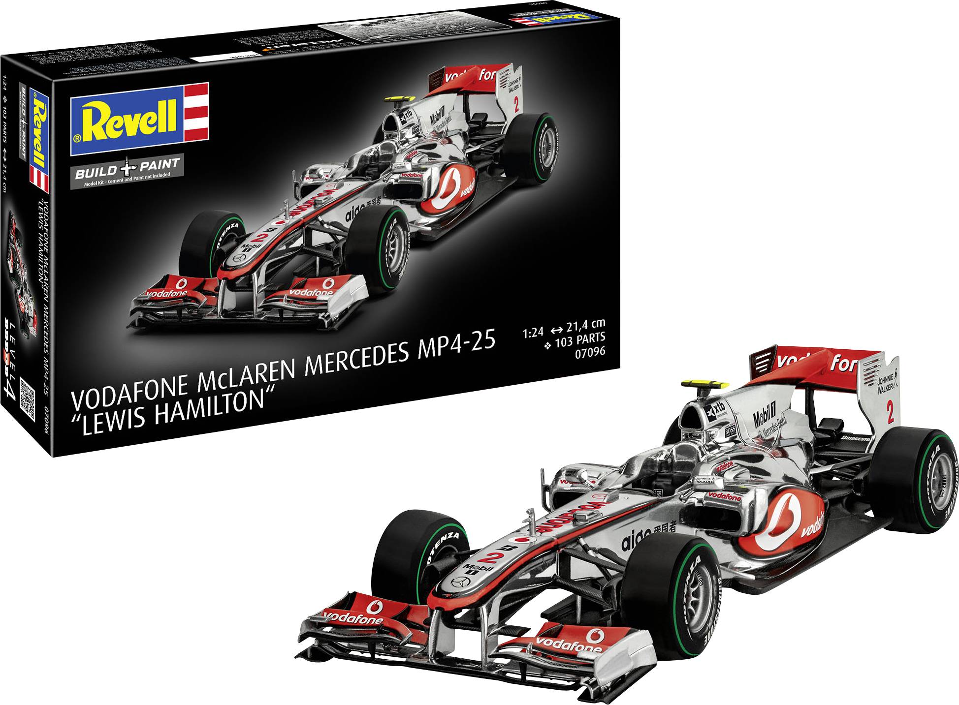 Revell-Modellbausatz des Vodafone McLaren Mercedes MP4-25 Formel-1-Rennwagens, gefahren von Lewis Hamilton. Enthält detaillierte Bauanleitungen.