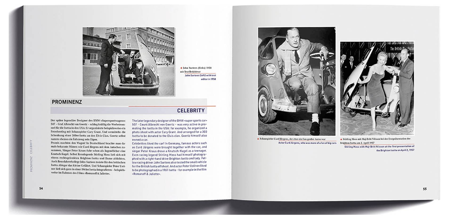 Aufgeschlagenes Buch mit Fotos von Menschen auf Rollern und einer Frau, die jemanden umarmt. Der Text erwähnt 