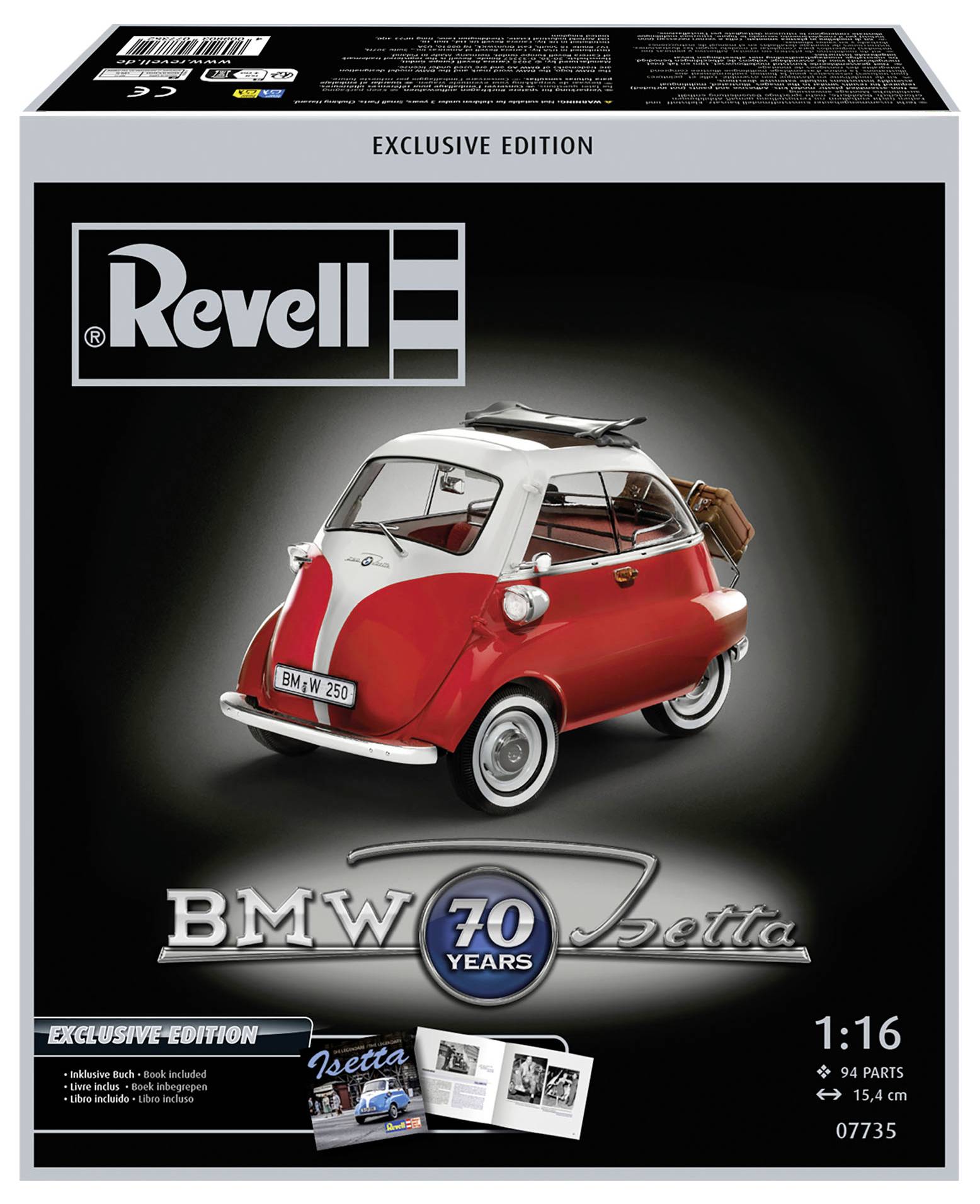 Revell Exklusive Edition Modellbausatz mit einem vintage roten BMW Isetta Mikroauto mit Gepäck auf der Rückseite.