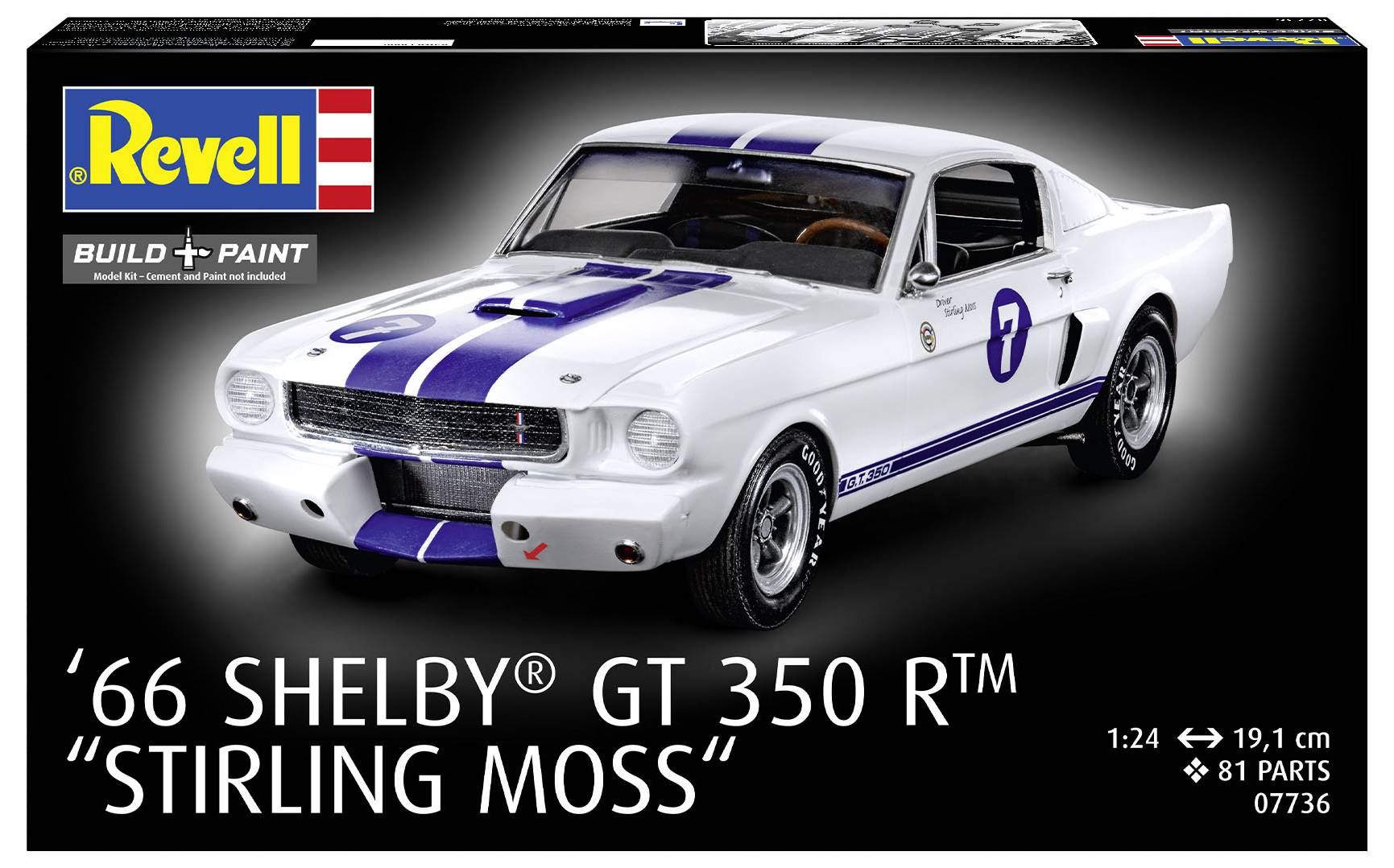 Revell Bausatz: '66 Shelby GT 350 R™ Stirling Moss, 1:24 Maßstab, 81 Teile. Abbildung zeigt weißes Auto mit blauen Streifen, Nummer 7.