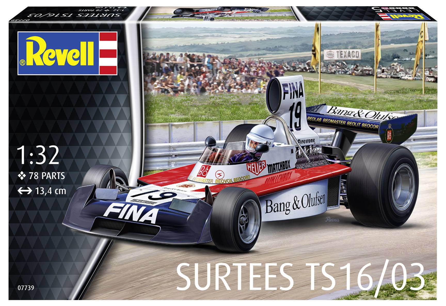 Ein Rennmodell-Bausatz für den Surtees TS16/03, mit detaillierten Abbildungen des Fahrzeugs im Wettkampf. Umfasst 78 Einzelteile; Maßstab 1:32.