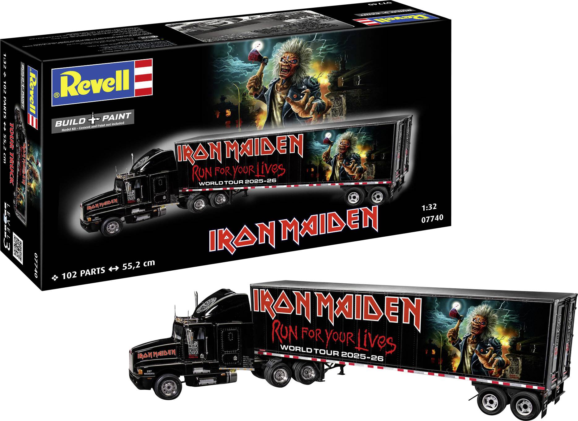 Revell-Modellbausatz eines Lastwagens mit dem Design der Iron Maiden-Welttournee 'Run for Your Lives'. Die Schachtel zeigt den fertig montierten Lastwagen mit Artwork.