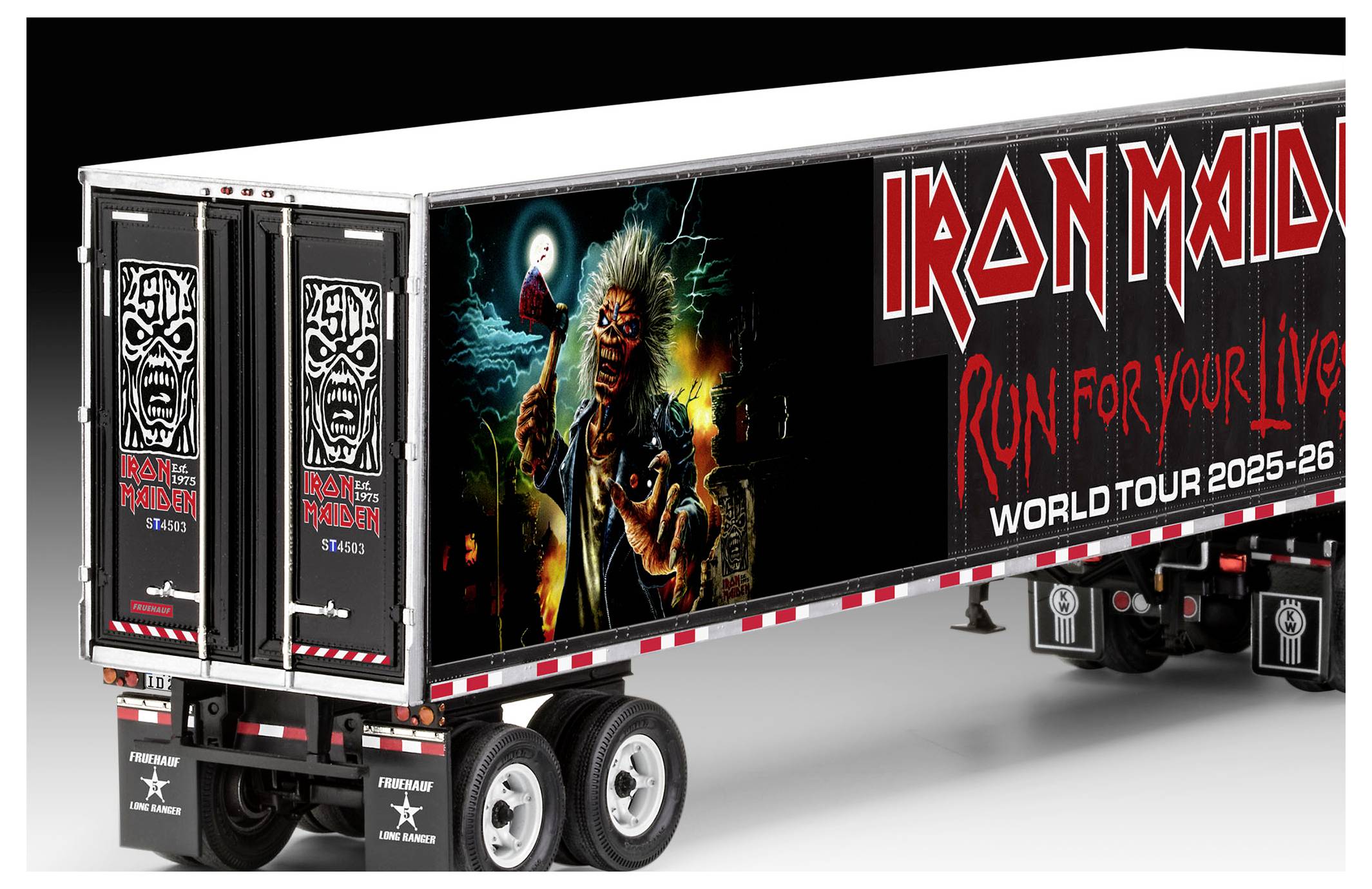 Ein Anhänger mit 'Iron Maiden' Branding, der eine Grafik eines Skelett-Motivs und den Text 'Run for Your Lives World Tour 2025-26' zeigt.