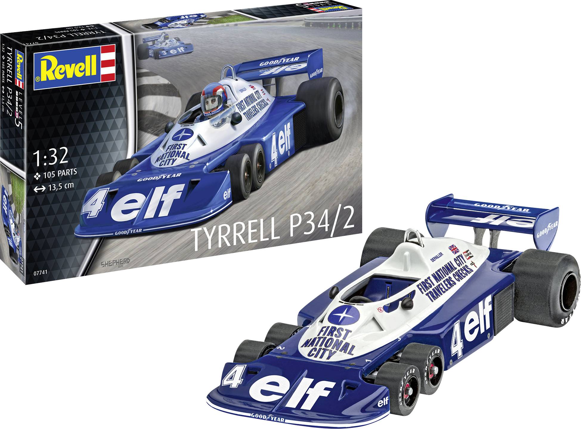 Revell-Modellbausatz des Tyrrell P34/2 Rennwagens, der einen blauen und weißen Wagen mit 'elf'- und 'First National City'-Logos sowie die Verpackung zeigt.