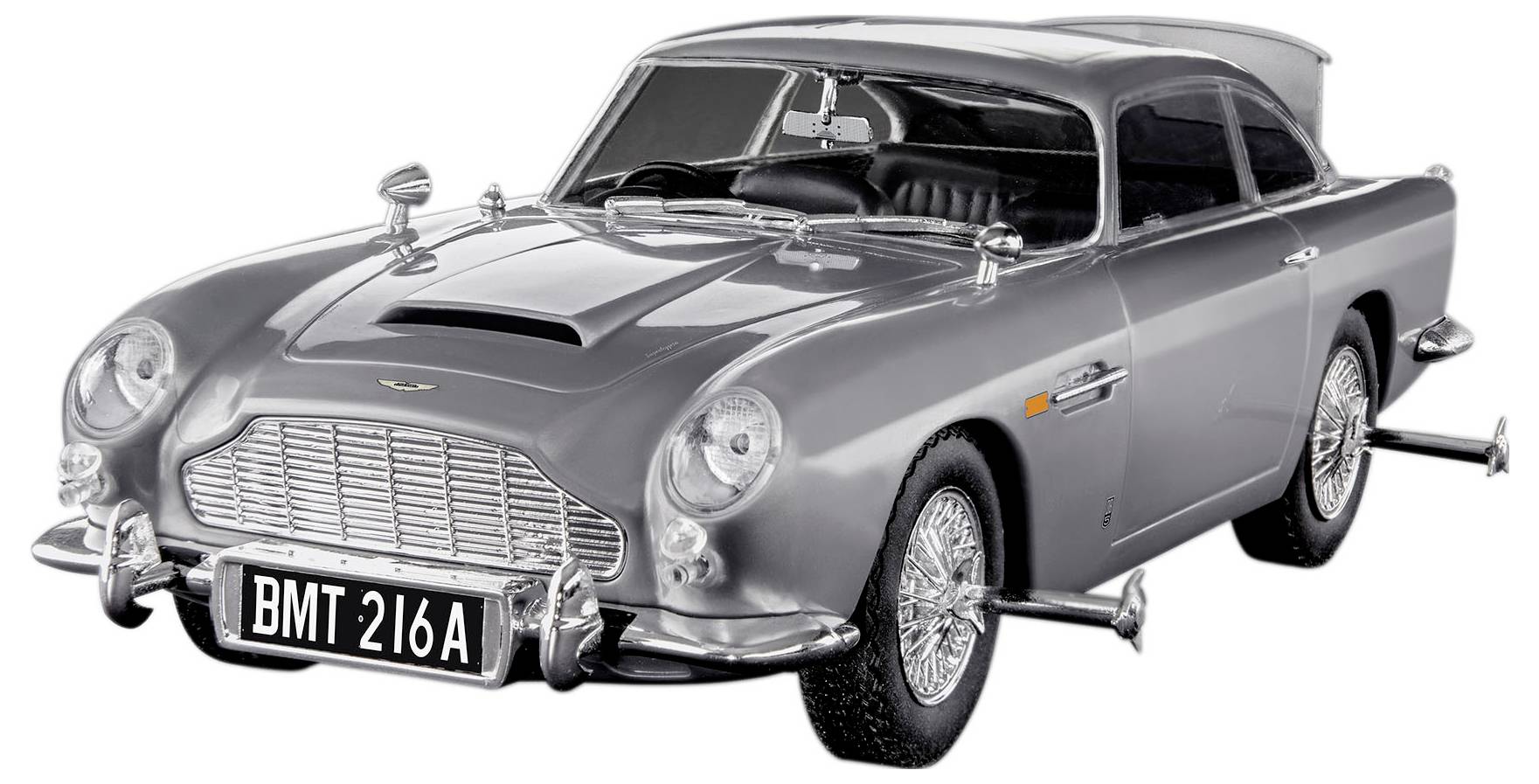 Ein klassischer silberner Wagen mit dem Kennzeichen 'BMT 216A', ausgestattet mit ausfahrbaren Geräten an den Seiten, ähnlich einem ikonischen Filmfahrzeug.
