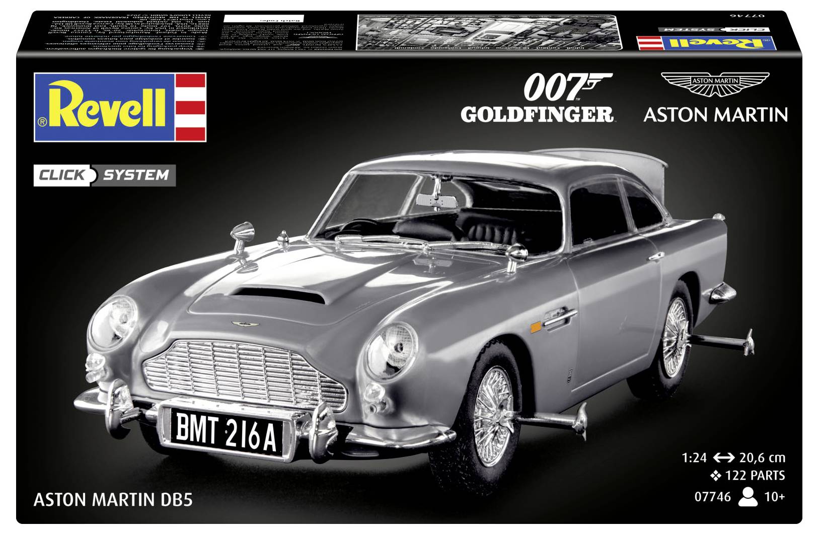 Eine Modellbausatz-Schachtel eines Aston Martin DB5 aus dem Jahr 1964 aus dem Film 'Goldfinger'. Enthält Autoabbildung, Markenzeichen, Maßstabsgröße und Bausatzdetails.