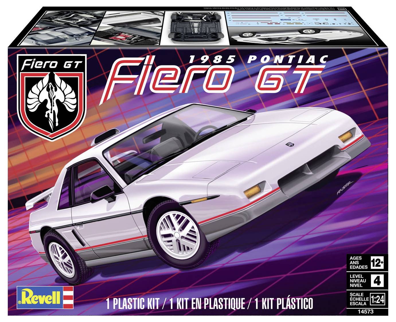 Modellbausatz '1985 Pontiac Fiero GT' mit Bildaufdruck eines weißen Sportwagens. Altersempfehlung 12+, Maßstab 1:24, Marke Revell.
