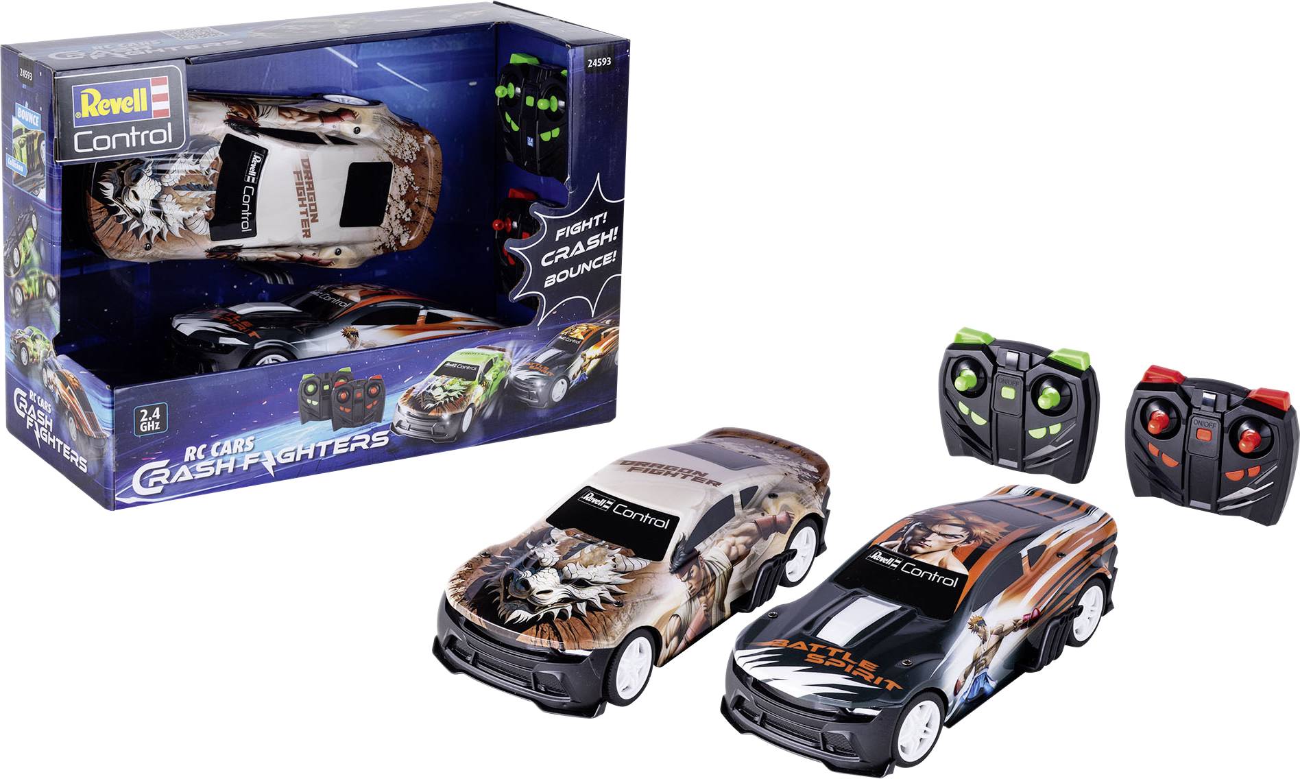 Zwei Spielzeugautos und Fernbedienungen der Marke 'Revell Control Crash Fighters', mit einer Schachtel, die Aktionsbilder und den Text 'Kämpfen, Krachen, Springen!' zeigt.
