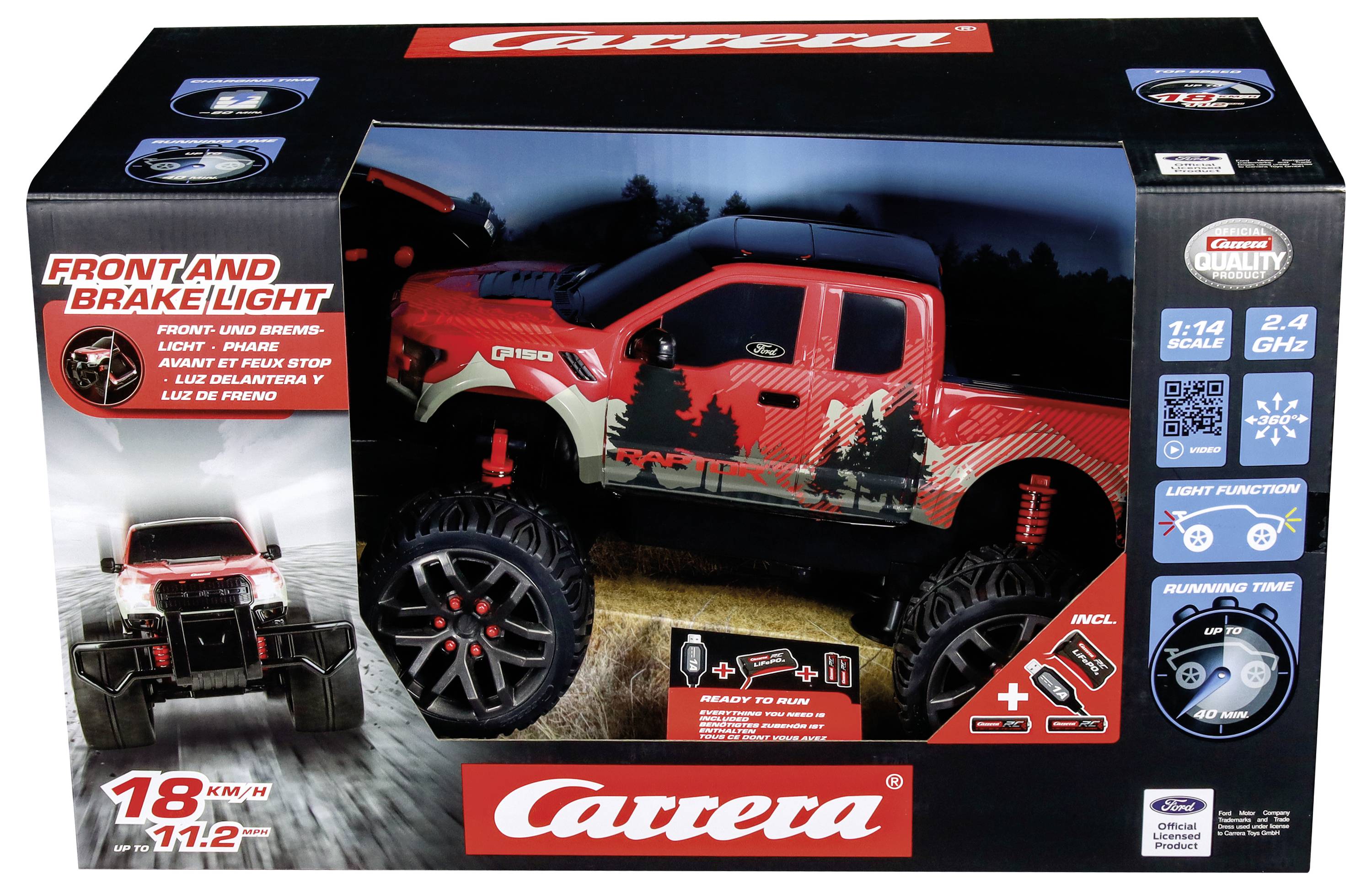 Eine ferngesteuerte Spielzeug-Geländewagen-Verpackung mit einem roten und schwarzen Geländefahrzeug und Waldgrafiken, die Merkmale wie Scheinwerfer und Bremslicht, eine Geschwindigkeit von 18 km/h und 2,4 GHz Fernbedienungstechnologie hervorheben.
