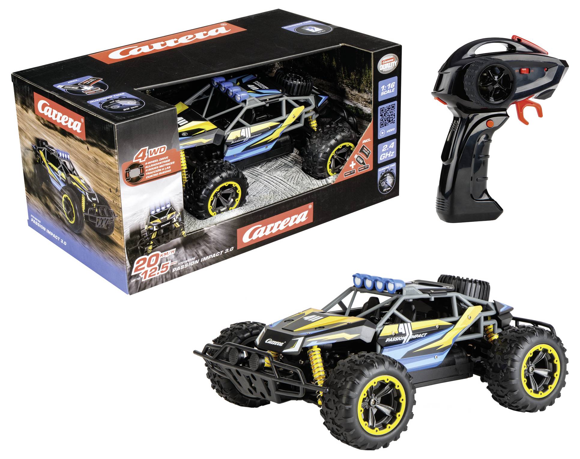 Ein Ferngesteuertes Geländefahrzeug mit seiner Verpackung und Fernbedienung. Das Auto ist schwarz mit gelben und blauen Akzenten und verfügt über große Reifen.