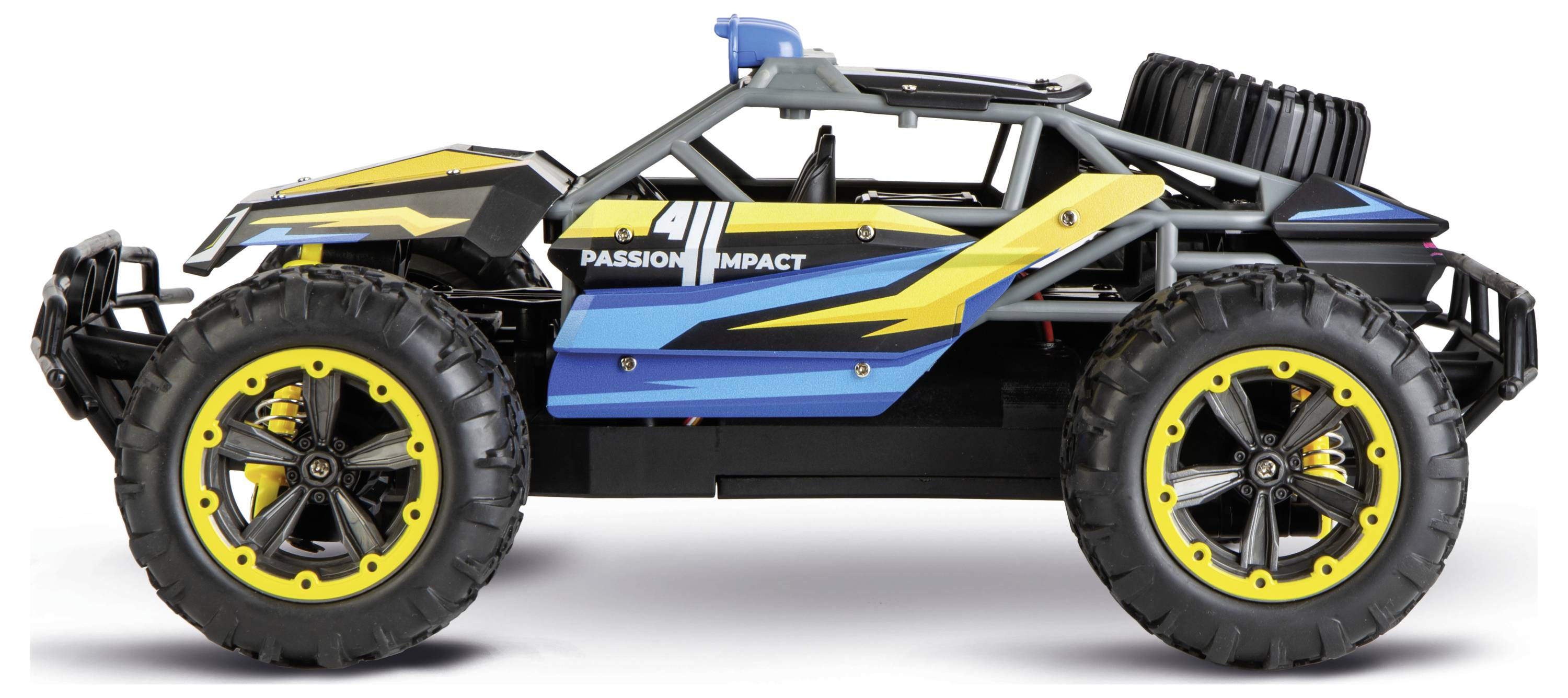 Ein Spielzeugauto mit großen gelb-umrandeten Rädern, blauem und gelbem Karosseriedesign und den Worten 'Passion Impact' an der Seite, in Seitenansicht betrachtet.