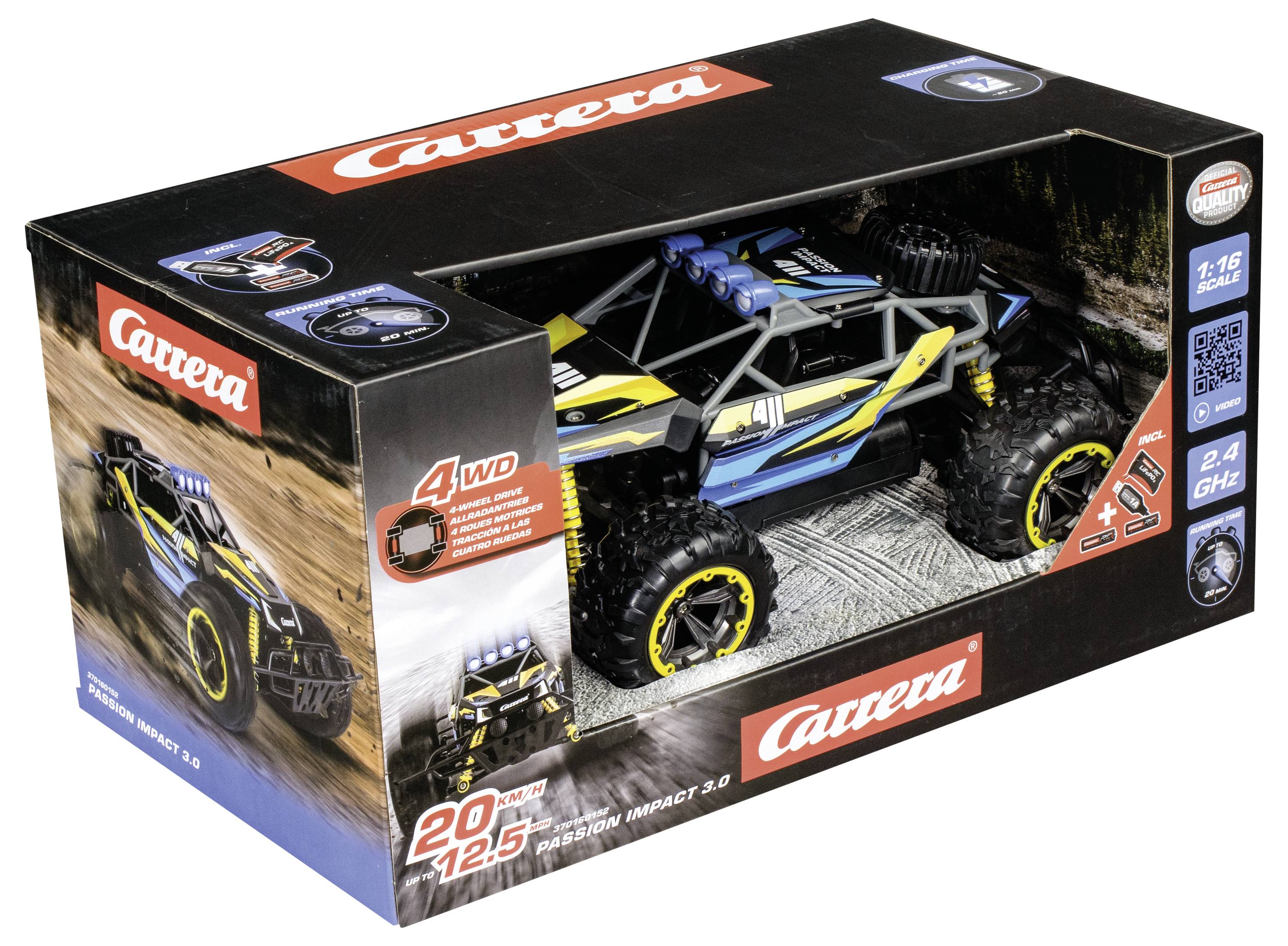 Ein verpacktes Carrera RC Spielzeugauto mit robustem, geländegängigem Design, großen Reifen und blau-, schwarz- und gelber Detaillierung.