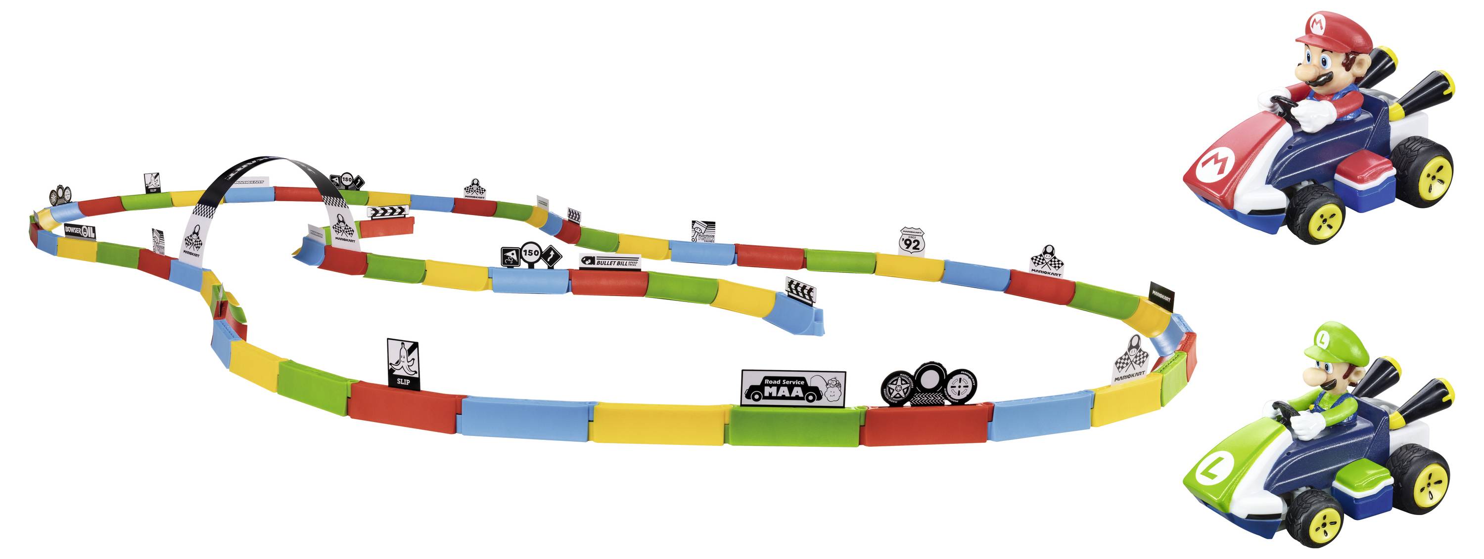 Eine bunte, verschlungene Spielzeug-Rennstrecke mit Figuren in Fahrzeugen, die Videospiel-Charaktere ähneln. Inklusive verschiedener Requisiten wie Schilder und Rampen.