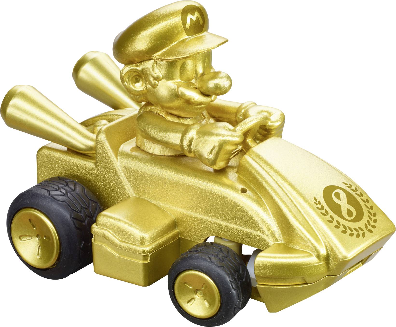 Ein goldener Spielzeugauto mit einer Figur am Steuer, die eine Kappe und einen Schnurrbart trägt. Es hat vier Räder und zwei Auspuffrohre hinten.